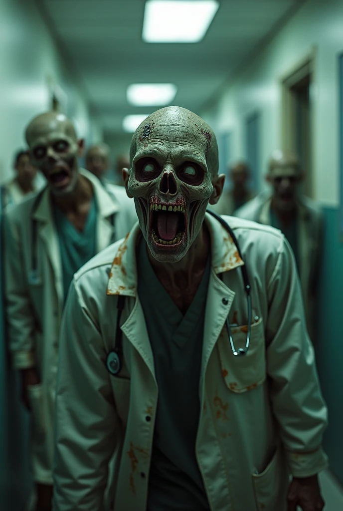 The virus finally starts in the laboratory, consuming the faces of man, zombie eyes, Torn and bloody clothes, Watching the scenes, the narrow and scary corridor at the bottom, volumetric lighting, real-life, wide angle, very detailled, low-contrast, horor