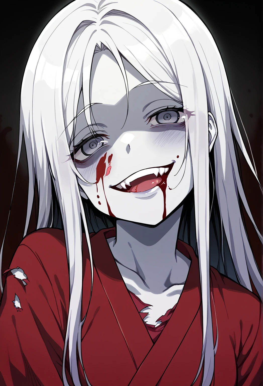 1girl, <lora:charlotte3:0.95>, two-tone hair, white hair, black hair, twintails, long hair, orange eyes, fake horns, blood, blood on clothes, blood on face, blood on hands, blood splatter, cardigan, low twintails, monochrome, necktie, school uniform, shirt, solo, spot color, twintails, upper body