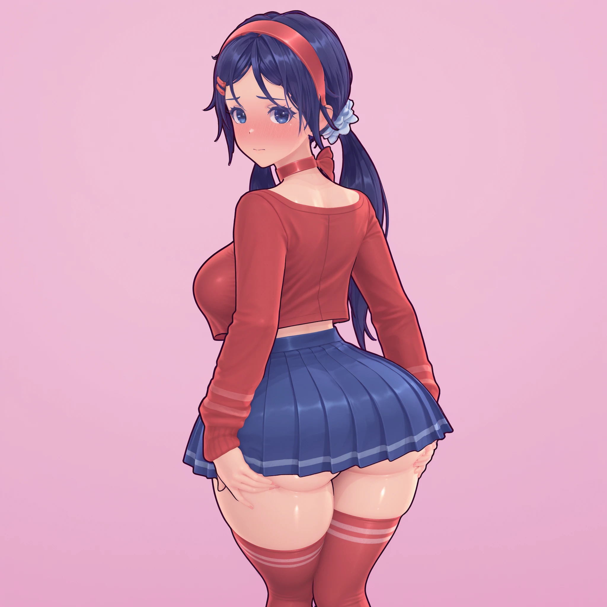 1girl, solo, blue hair, hair ornament ,hairband, hairclip, long hair, twintails, hair scrunchie, blue eyes, big breasts, narrow waist, wide hips, thick thighs, red hairband, red collar, red shirt, long sleeves, blue skirt, pleated skirt, red thighhighs, red socks, miniskirt, crop top, thighhighs, choker, ribbon choker, all-face blush, shy, grabbing her own ass, standing, looking at viewer, simple background, from behind view, shiny skin, high res