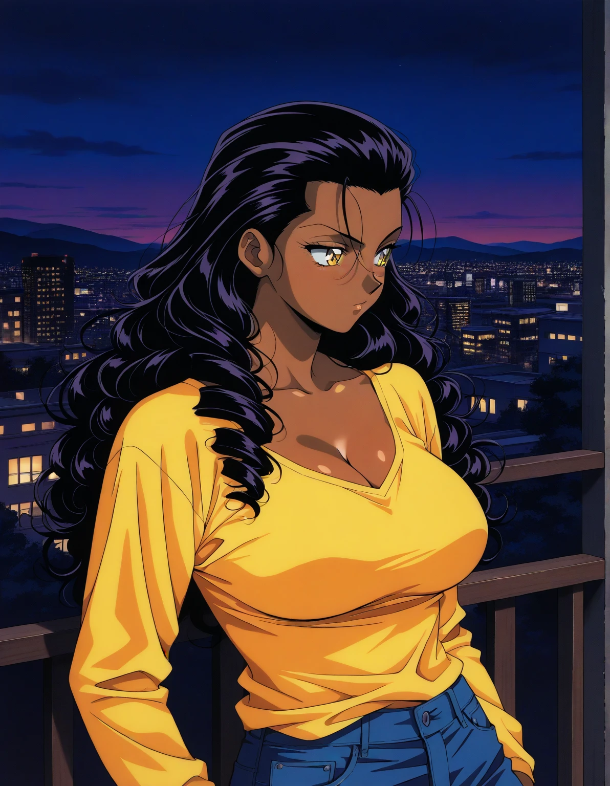 Long black hair, dark brown skin, tan skin, brown eyes, suit, suit jacket over shoulder, white button up unbuttoned and loose, tough expression, cold expression, scars, female, woman, sitting, open legs, black suit, black suit jacket, open white buttoned shirt, black pants