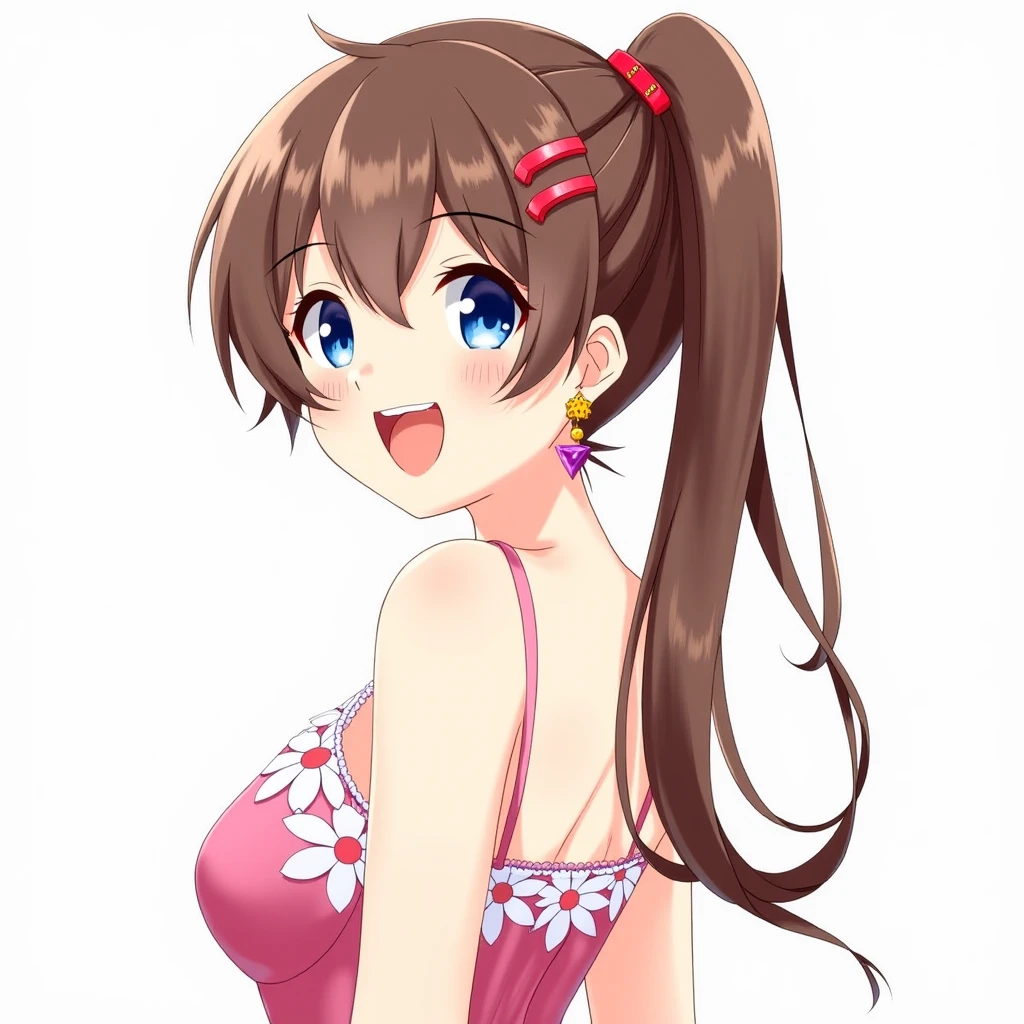 (anime cels style, megami magazine, poster style, best quality, high resolution, sharp image, 8k wallpaper, masterpiece), (beautiful detailed eyes, beautiful detailed face), Mamako, (brown hair, long hair, bangs, ribbon), blush, smile, (huge breasts), white bikini, (upper body, standing), simple background, (perfect detailed anatomy, perfect detailed body, perfect arms, perfect fingers, shiny skin)