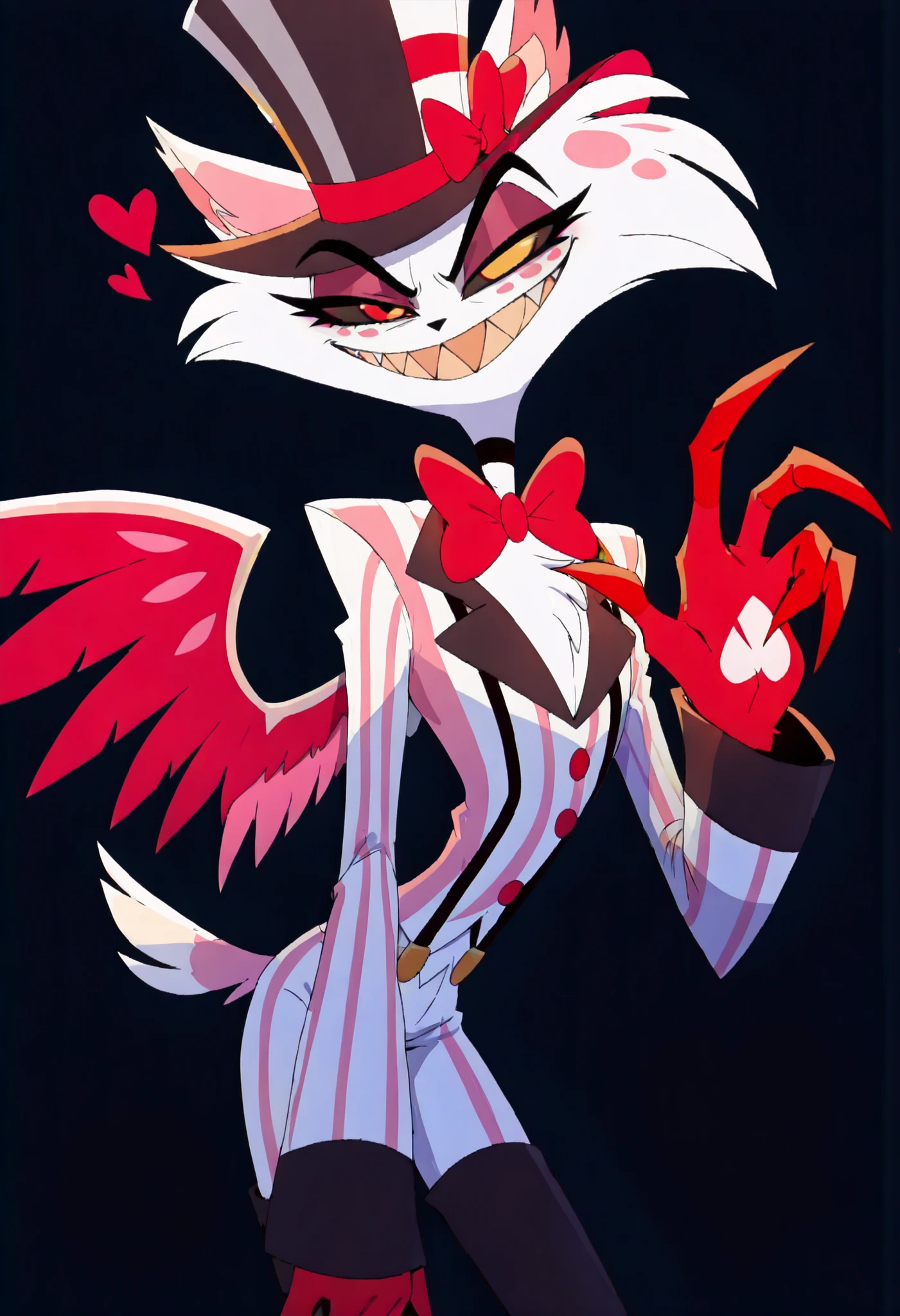 (32k, ultrasharp, masterpiece:1.4), (high quality:1.1), (ultra high res:1.4), (beautiful lighting:1.2, cinematic lighting), ((((Masterpiece)))), newest, hazbin hotel style, Husk(hasbin hotel) sharp teeth,black sciera, yellow eyes, tail, wings, suspenders, animal ears, grin, upper body, paw print, no humans, traditional bowtie, furry male, Poker themed heart ear detail, animal hands, cat ears, husk, anthro, furry, furry male, black sclera, yellow eyes, tail, wings, animal ears, top hat, bowtie, red bowtie, fingerless gloves, suspenders, angel dust, \(hazbin hotel\), anthro, male anthro, male anthro spider, freckles, pink body, light pink fur, light pink body, colored sclera, black sclera, white sclera, no pupils, (4 fingers:1.2), choker, bowtie, striped suit, white suit, red gloves, thigh boots, black thighhighs, Fusion Agnel Dust + Husk, 4 arms, blank simple background