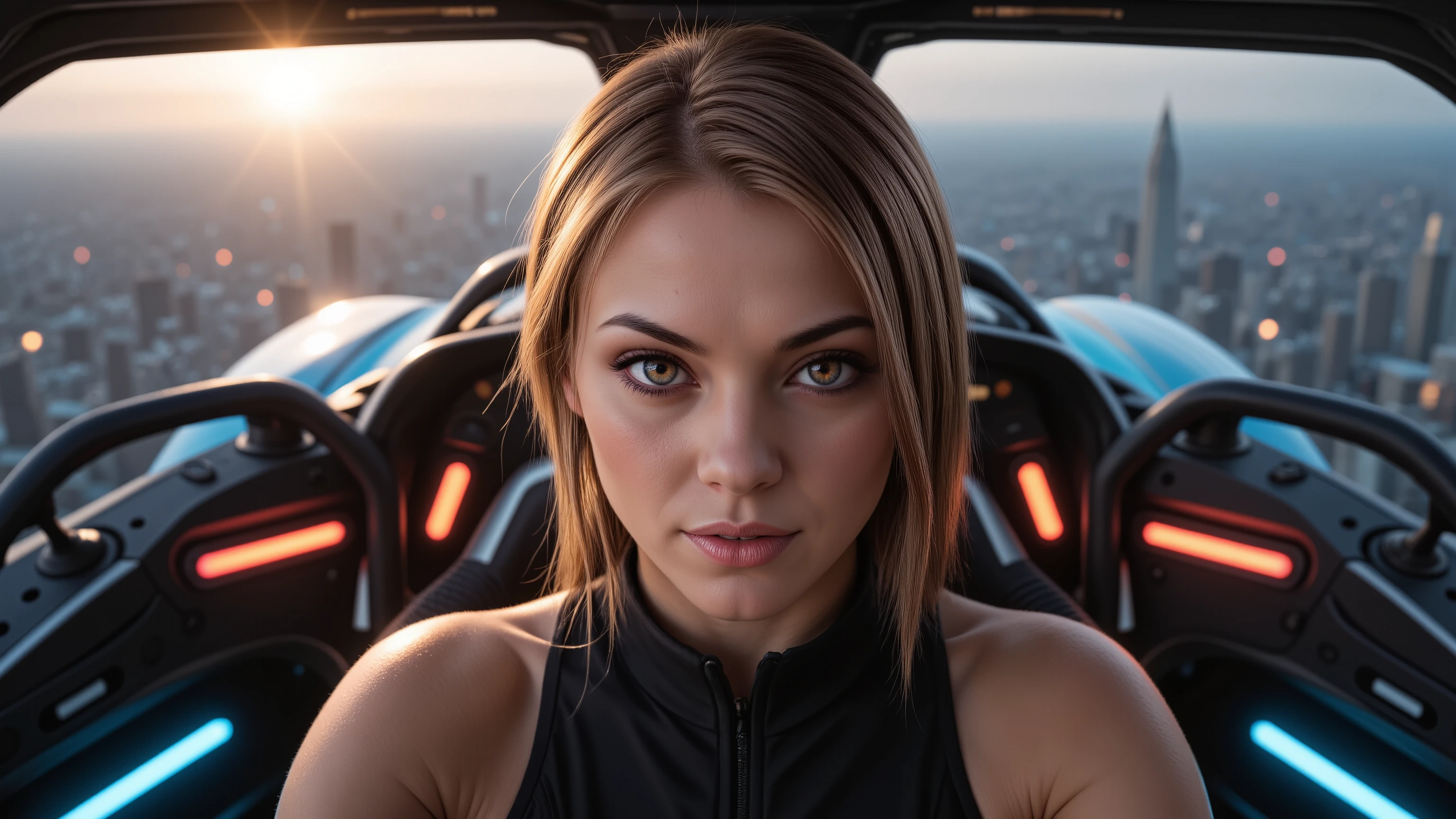 Close-up shot of a super-powered girl's intense gaze, eyes aglow with energy, as she expertly pilots her sleek light ship amidst the golden hour sky. The warm sunlight casts a radiant glow on her determined face, illuminated by the cockpit window showcasing the cityscape and distant horizon. Her hands grip the controls with precision, framed by the vibrant neon lights and sharp shadows. Ultra-detailed skin texture, complete with pores, meets the vast panorama of the city below, set against the breathtaking backdrop of a ray-traced sky. This cinematic masterpiece is a testament to the art of photorealism, capturing every detail in stunning UHD, HDR, 16K resolution, worthy of an award-winning film.