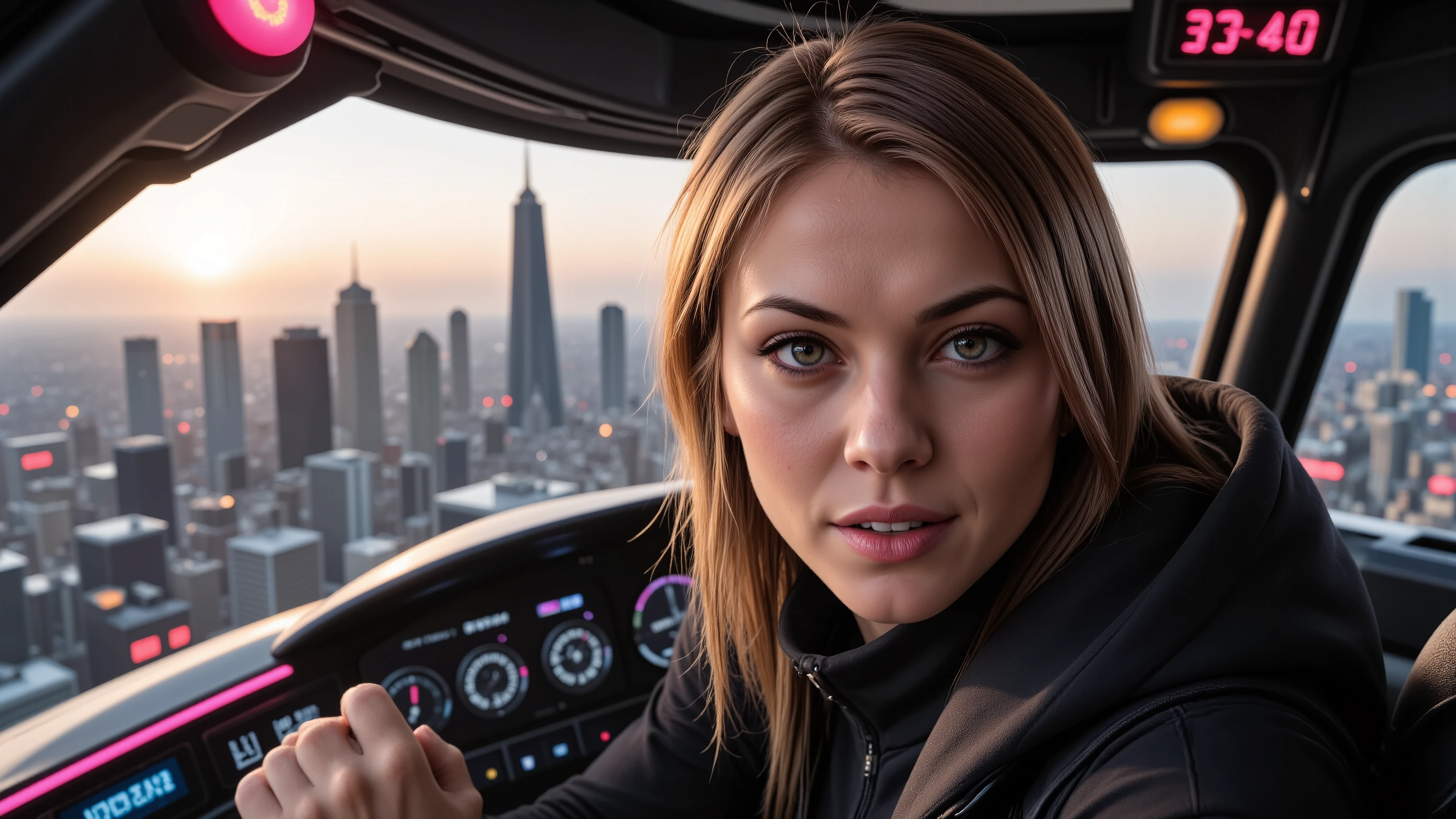 Close-up shot of a super-powered girl's intense gaze, eyes aglow with energy, as she expertly pilots her sleek light ship amidst the golden hour sky. The warm sunlight casts a radiant glow on her determined face, illuminated by the cockpit window showcasing the cityscape and distant horizon. Her hands grip the controls with precision, framed by the vibrant neon lights and sharp shadows. Ultra-detailed skin texture, complete with pores, meets the vast panorama of the city below, set against the breathtaking backdrop of a ray-traced sky. This cinematic masterpiece is a testament to the art of photorealism, capturing every detail in stunning UHD, HDR, 16K resolution, worthy of an award-winning film.