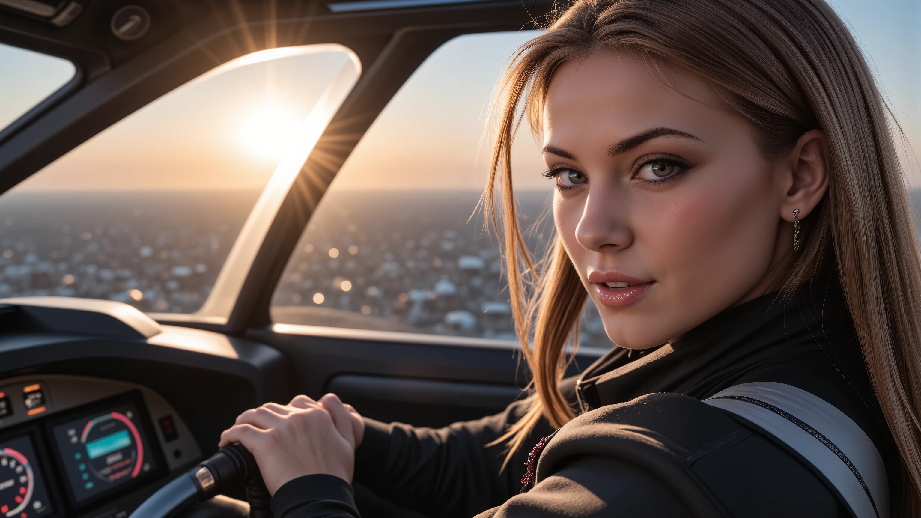Close-up shot of a super-powered girl's intense gaze, eyes aglow with energy, as she expertly pilots her sleek light ship amidst the golden hour sky. The warm sunlight casts a radiant glow on her determined face, illuminated by the cockpit window showcasing the cityscape and distant horizon. Her hands grip the controls with precision, framed by the vibrant neon lights and sharp shadows. Ultra-detailed skin texture, complete with pores, meets the vast panorama of the city below, set against the breathtaking backdrop of a ray-traced sky. This cinematic masterpiece is a testament to the art of photorealism, capturing every detail in stunning UHD, HDR, 16K resolution, worthy of an award-winning film.