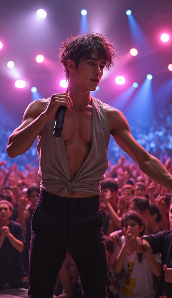 (8k, RAW Photos, Highest quality) masterpiece, 1 teenager, 18-year-old, Asian Muscular Man Watching the Viewer, Stand in front, Exposing his huge muscular chest, Puffy nipples, Sexy Six Pack, Tight waist, good looking, topless, Thick body hair, A man wearing thong underwear ,  Gradient Background, Shine & Sequin Backdrops , Cinema Lighting, Ultra-high resolution , KPOP idol