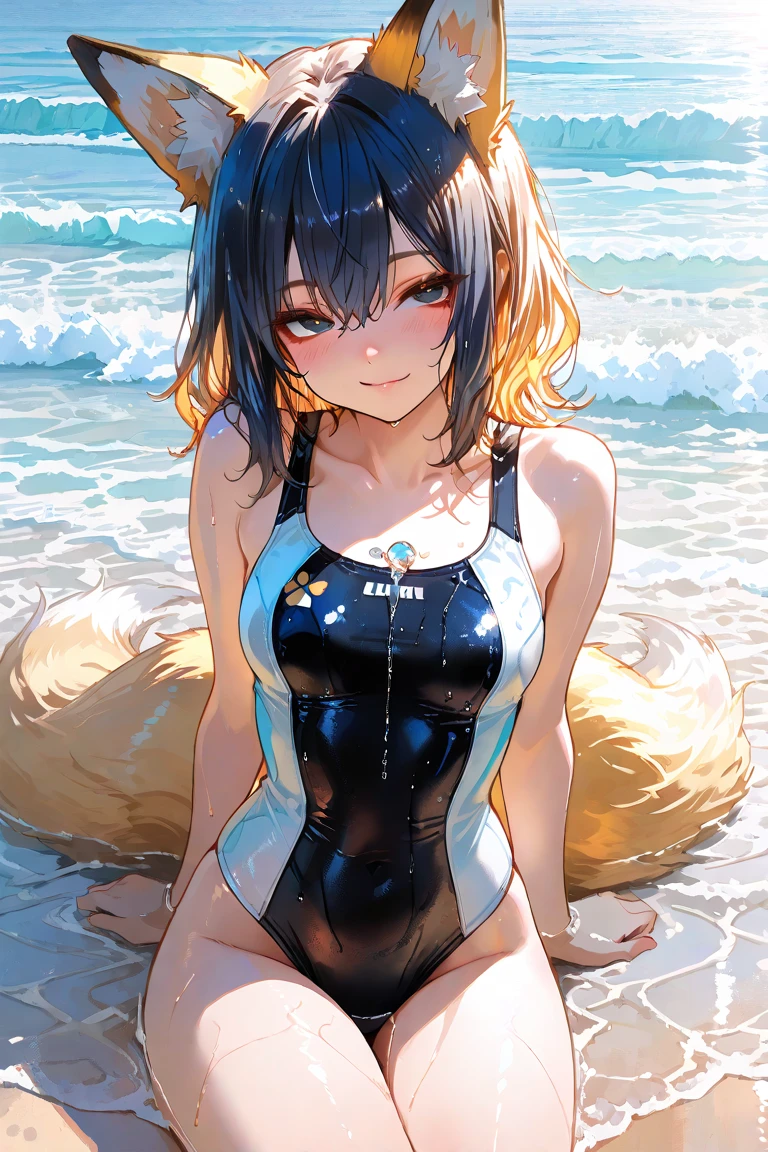 ((unity 16k wallpaper, masterpiece, best quality, ultra-detailed, extremely detailed CG, caustics, cinematic lighting, detailed, beautiful detailed eyes)), ultra high resolution, fine skin, (cute: 1.2), ( 15 year old girl), ((old school swimsuit: 1.6)), summer sunshine, (sunset seaside: 2.0), ((writing in background)), purple hair, biunt bangs,