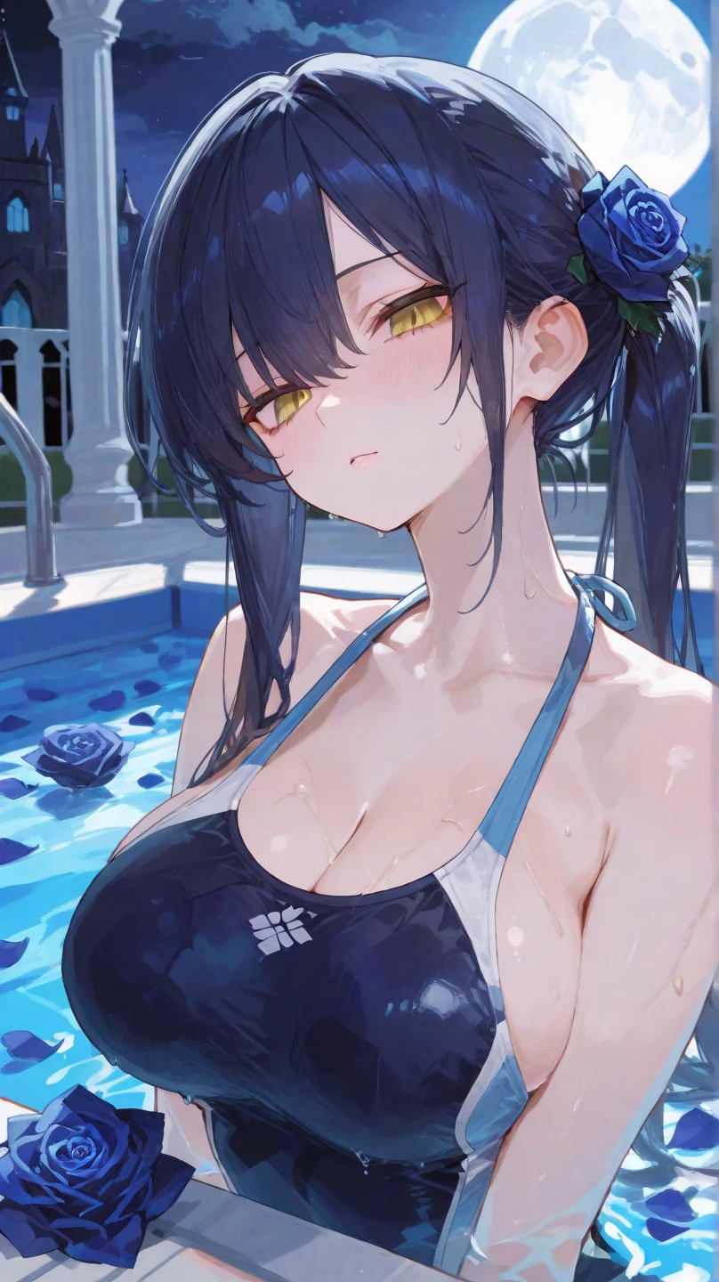 Long navy hair,Swimwear,tits,High-quality faces,Symmetrical pupils,Fufu has a very cute face,It's a cute girl,In the pool