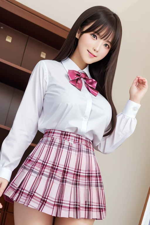 Best quality, masterpiece, ultra-high resolution, 8K, (reality: 1.4), RAW shooting, most detailed face, very detailed and perfect anatomy, live photography; most beautiful face; shining skin; one 18-year-old Japanese.My bangs and eyes are big and cute.It has brown eyes, gentle eyes, long brown hair, a young face, and a large chest.E-cup. Look at the audience.angelic smile.Cosplay, Japanese high school girls, glossy white short-sleeved shirts, red ribbons, plaid pleated skirts, and a ponytail.((a smiling face))school library.