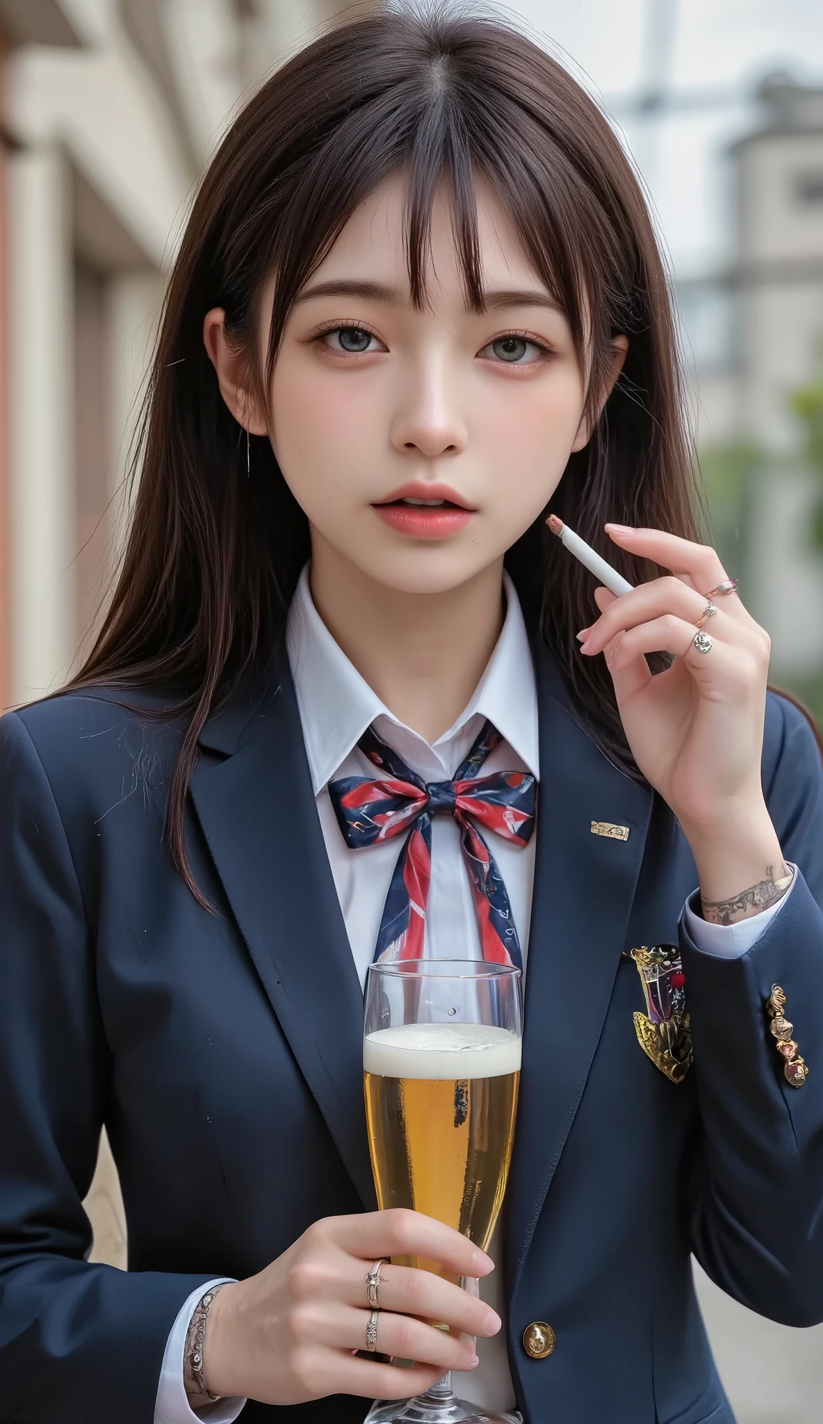 ((real mix、 Ultra High Resolution Images 、top quality、masterpiece))、((W a Japanese girls' high school、 navy blue blazer、emblem、white thin fabric blouse、red ribbon tie、check the miniskirt))、(( beautiful japanese girls 、long hair dyed pink、pretty face、二重eyelidの大きな目、duck lips、Thick lips))、((slender figure、Round and beautiful breasts、tight waist、long legs、Long arms))、(((realistic and accurate depiction down to the smallest detail、(lots of rings、nose、、lips、eyelid:2.0)、 Mr..々accessories、( Beautiful Tattoo 、bold tattoo:2.0)、))、(((He has a beer in his left hand、realistically and accurately depicts a glass containing beer、(cigarette in right hand、I'm smoking 、real cigarette smoke、smoking girl).Draw realistically and accurately:2.2)))、((((beautiful high school girl smoking, drink beer, Relax、realistic and accurate drawing of a smoking cigarette、realistically and accurately the size of a beer glass、 scale ))))