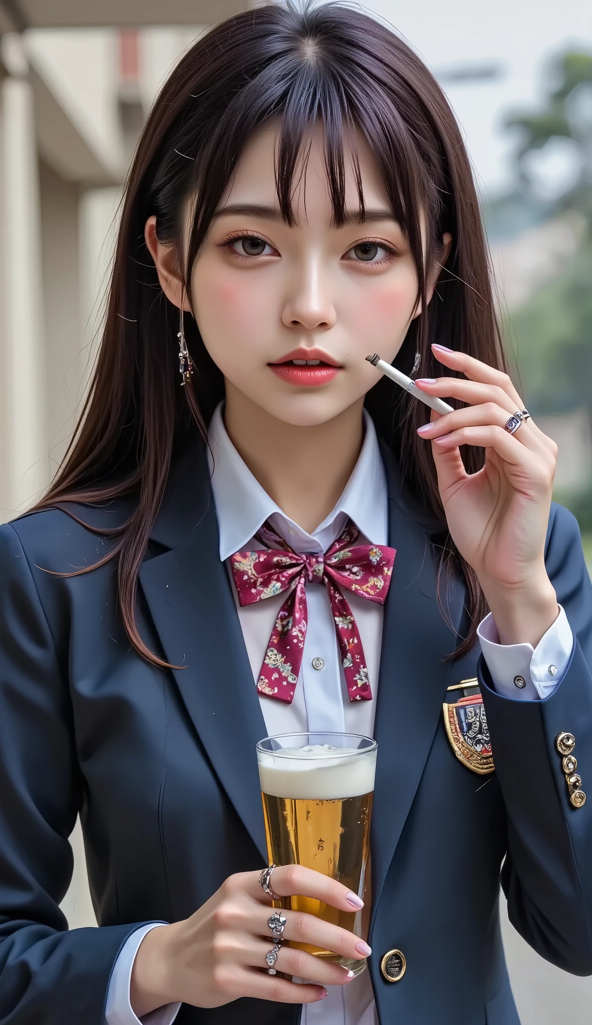 ((real mix、 Ultra High Resolution Images 、top quality、masterpiece))、((W a Japanese girls' high school、 navy blue blazer、emblem、white thin fabric blouse、red ribbon tie、check the miniskirt))、(( beautiful japanese girls 、long hair dyed pink、pretty face、二重eyelidの大きな目、duck lips、Thick lips))、((slender figure、Round and beautiful breasts、tight waist、long legs、Long arms))、(((realistic and accurate depiction down to the smallest detail、(lots of rings、nose、、lips、eyelid:2.0)、 Mr..々accessories、( Beautiful Tattoo 、bold tattoo:2.0)、))、(((He has a beer in his left hand、realistically and accurately depicts a glass containing beer、(cigarette in right hand、I'm smoking 、real cigarette smoke、smoking girl).Draw realistically and accurately:2.2)))、((((beautiful high school girl smoking, drink beer, Relax、realistic and accurate drawing of a smoking cigarette、realistically and accurately the size of a beer glass、 scale ))))