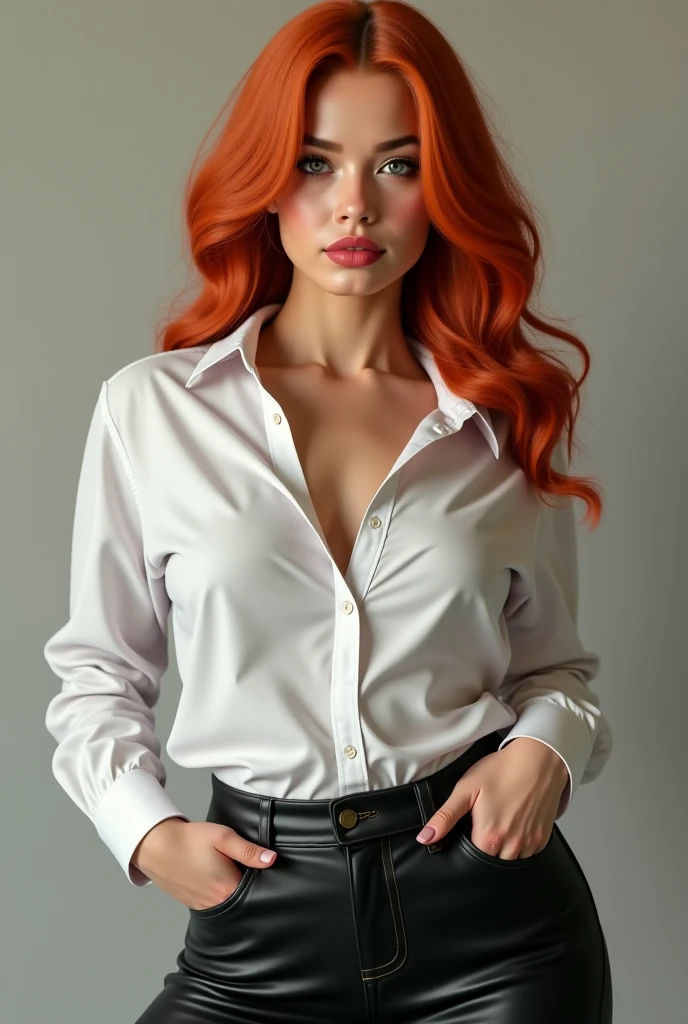 SFW, a portrait of a pole, long hair, freckles, only white button-down shirt open, amazing body, full body, pronounced feminine trait, kitchen, (redhead: 0.4), hyper-detailed, hyper-realism, ((best quality)), ((masterpiece)), (detailed), (no panties), side, (open shirt), (no pants), sensual, side, 8k uhd, Nikon 70d, ISO200, F/2.8, 1/25sec, 70mm