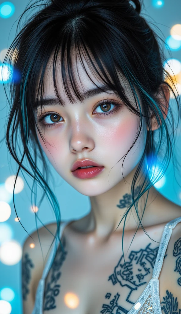 ((IU)), raw, sharp focus, feeble, beautiful composition, best quality, (realistic), high quality, very detailed, (Real picture), (realistic skin), (intricate details), (Latex skin:0.4), (detailed skin:1.3), (Perfectly glowing, glowing skin:0.6), (beautiful eyes), round eyes, pretty face, blushing, shiny lips, high nose bridge, [:(detailed face:1.2):0.2], shining eyes, (pure face_v1:0.1), (Ulzzang-6500:0.1), (Beautiful 20 year old cute Korean girl:1.3), Instagram, (kpop idol, korean mix), perfectly proportioned face, (high nose:0.7), realistic humid skin, red lips, Crimson (UA), (happy face:1.2), 8k words, dslr, high quality, film grain, photorealistic, (studio), (long distance portrait:1.2), (Pale blue simple background:1.5),(close one&#39;s lips:1.3),(IU1:1.1), (hair in a bun:1.3), (big bust:1.12), (tight black latex:1.2), (((Huge cock)))