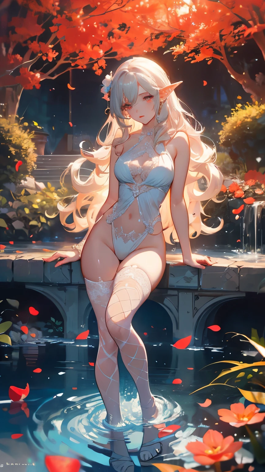 score_9, score_8_up, score_7_up, score_6_up, score_5_up, score_4_up, 1 girls, solo, full body, extreme detail, Masterpiece, Best Quality, beautiful, high-res image, rating_explicit, evil smile, demon horns, demon tail, succubus, golden eyes, golden hair, dark skin, Expression excited, wearing pink lace nightgown, chill, sitting, wet body, water droplets, sexy thighs, standing , Pool, (seductive:1.1), night, moonlight, perfect lighting, perfect hands, perfect fingers, extremely detailed 8k, very delicate and beautiful