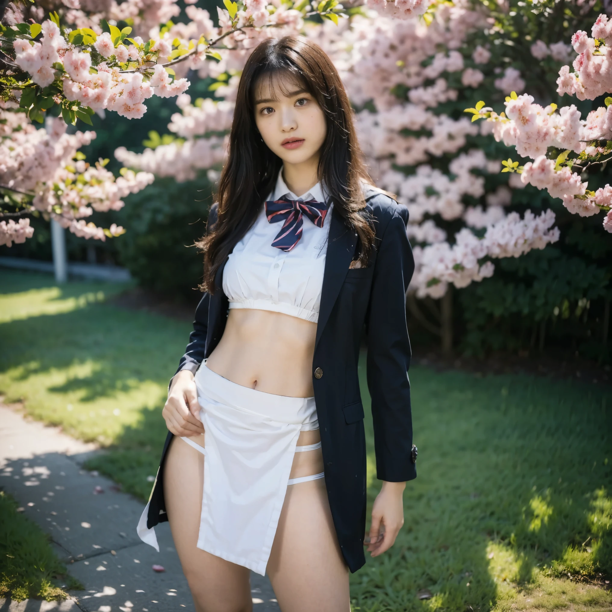 solo, One Japanese person、female、、like々like、clear、美like顔、((full body portrait))、(top quality:1.4),(masterpiece:1.4),(realistic:1.4),(realistic:1.2),(超high resolution, RAW Photos:1.4),(high resolution, very detailed:1.2),(32k:1.2),(realistic skin texture that shows through the whole body), Movie Photos,((black hair)), one girl,alone、((blazer uniform))、((Pure white Etchu loincloth ))、cherry blossoms、((Hanektone))、((lower body only loincloth))、((Showing off your loincloth))、