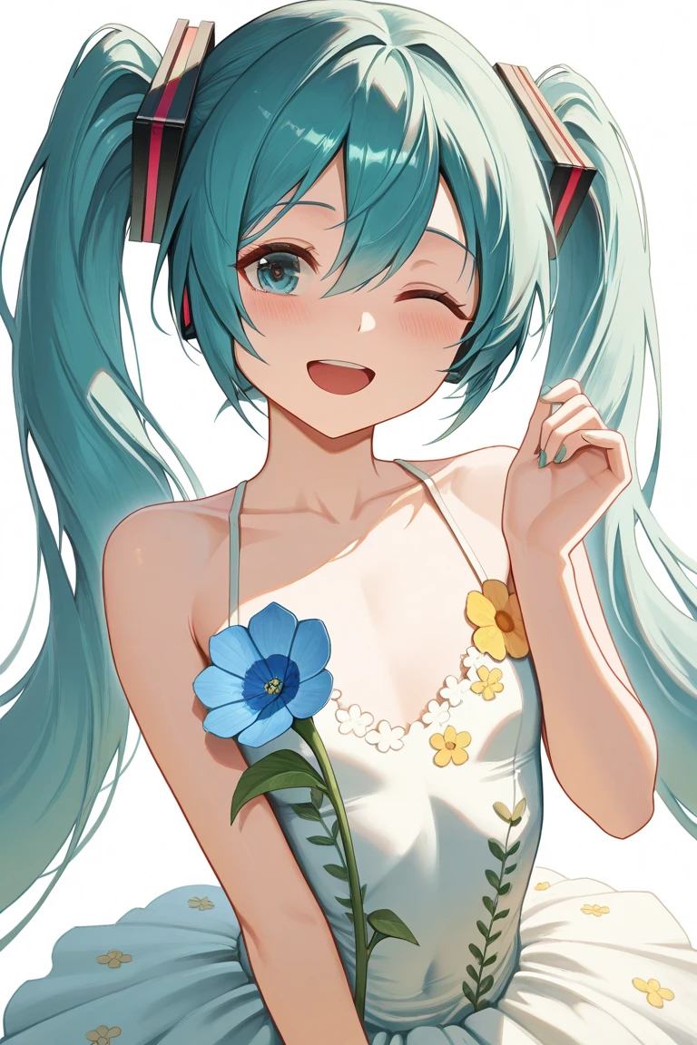 One beautiful girl、Hatsune Miku、Virtual Singer、Appeal your whole body、Taking Action、/She is work in the garden /Green Eyes、long green hair、Hydroponic cultivation、Shining with a smile in the countryside、Flowers with a watering can々Water the、laugh、Take care of the flowers、Very cute smile、The flowers grow vibrantly、Miku is lettuce、basil、tomato、A girl who likes growing vegetables such as perilla leaves、Blue sky, white clouds and houses in the distance