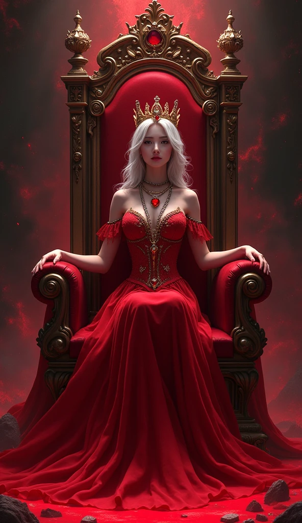 a Full body photo of a beautiful queen with silver hair sitting a red throne, 8k intricate, elegant, highly detailed, majestic, digital photography, art by Artgerm and Ruan Jia and Greg Rutkowski Surreal painting of filigree red butterfly, broken glass (masterpiece, side lighting, beautiful finely detailed eyes: 1.2 ), hdr