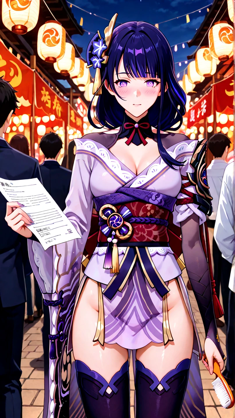 ((Highest quality)), ((masterpiece)), (detailed), (Perfect Face)、The demon woman is Shinobu Kochou, with black bob hair with purple gradation at the ends, styled in a formal evening hairstyle.、The woman is an evil man-eater and wears revealing clothing、Nightlife in Japan during the Taisho period、Demon slayer