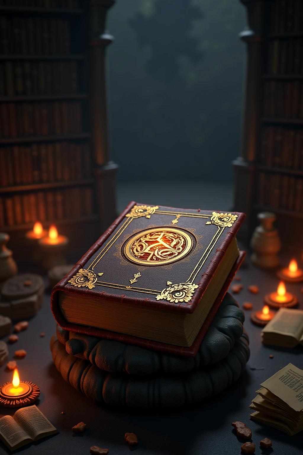A closed book of ancient legends, with the name of Sekou Diaby engraved in gold on the cover, surrounded by a magical aura.