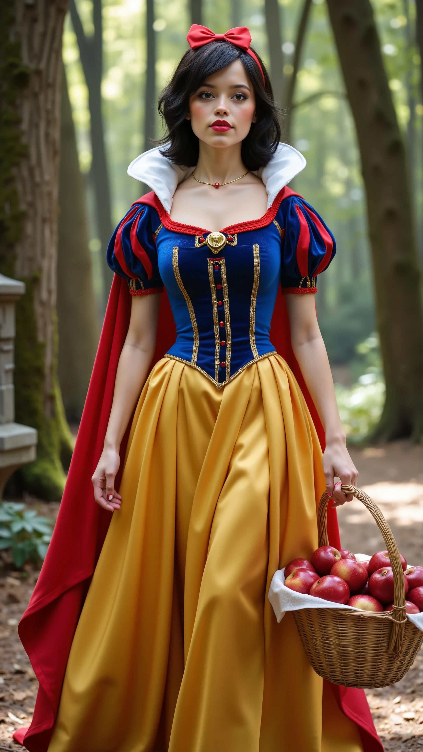 Jenna Ortega reimagined as Snow White walking and holding a woven wicker basket filled with red apples, dramatic atmosphere, 1 female, full figure, full body,
Short, wavy black hair with soft curls frames her porcelain face. A bright red satin bow sits atop her head. Her skin is pale and flawless, lips ruby red, and her wide hazel eyes radiate innocence and quiet strength.
She wears a traditional Snow White gown with a luxurious update. The bodice is deep royal blue velvet with structured golden seams and red gemstone buttons. Puffy satin sleeves alternate in ruby and blue panels, trimmed with gold thread. Her full, floor-length skirt is made of layered golden silk that shimmers gently. Around her neck is a fine choker of red velvet with a small gold apple charm at the center.
Her shoes are polished black with golden buckles, and her hands are clasped gently in front of her. A soft red satin cape is draped over her shoulders, fastened with a delicate floral clasp.
She holds a woven wicker basket in her hands, filled with perfectly red apples that catch the sunlight. A white cloth is tucked around the fruit, and a few green leaves peek out from under the lid.
Big breasts、 alluring 、shows her female character's full figure, athletic body, perfect face, full body, extremely beautiful, goddess, female shape, perfect anatomy, The background shows a magical forest clearing — dappled sunlight filters through tall, moss-covered trees. A stone well stands nearby, surrounded by forest flowers. Woodland animals peek from behind the trees and a gentle breeze stirs the leaves. The atmosphere is peaceful, fairytale-like, Sunny day, photorealistic, masterpiece, realistic, high contrast, 8k, HD, high definition detailed, detailed, hyper detailed, realistic skin texture, best quality, ultra high resolution, hyper realistic, no text, very detailed eyes, dramatic lighting