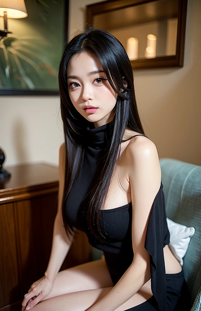 a japanese woman who has long and black hair. her eyes are red and she has calm face. she is the character from Final Fantasy VII, Tifa Lockhart