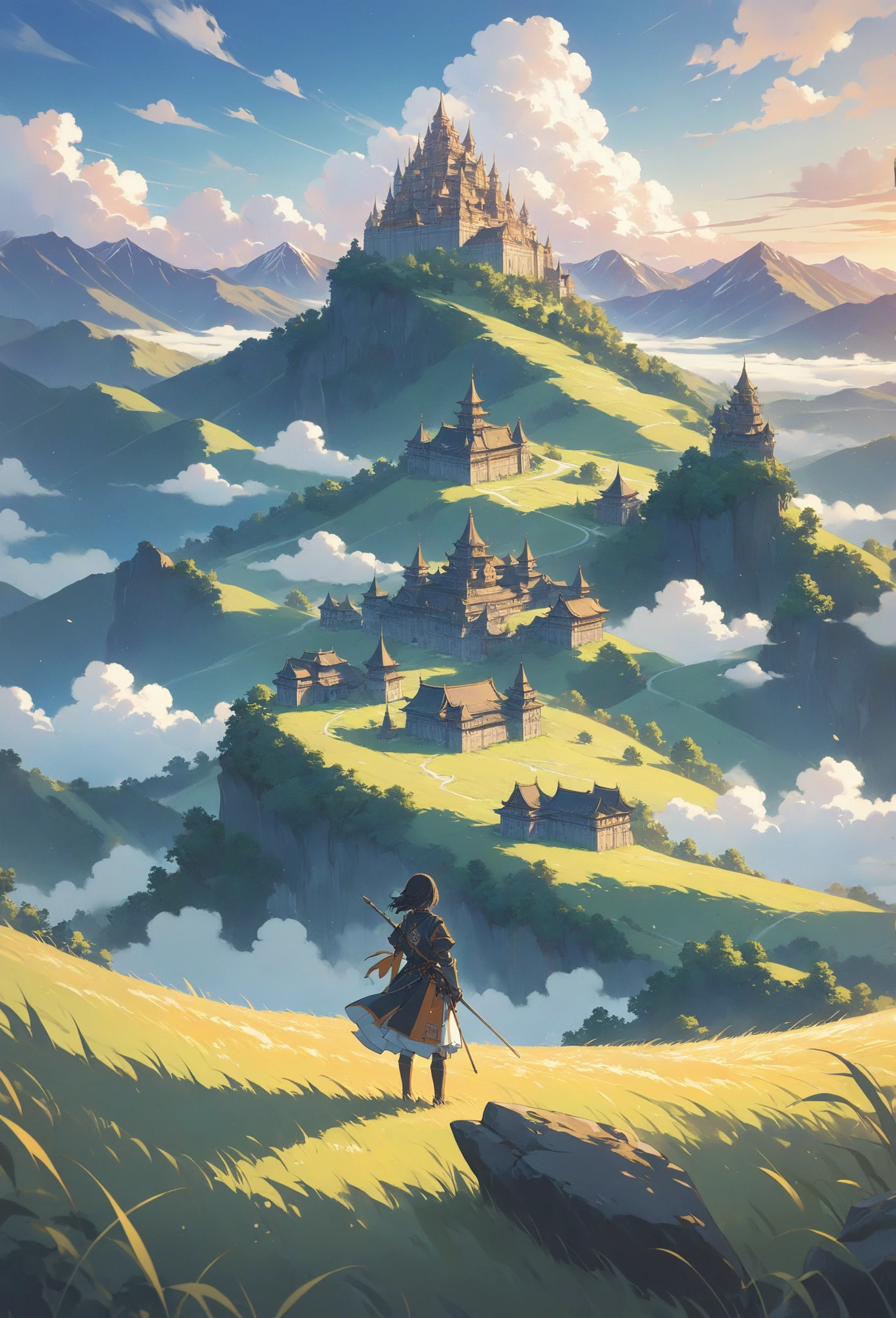 Masterpiece, hyper-detailed, anime oil painting by Makoto Shinkai, inspired by Studio Ghibli and fantasy illustrations.** A small female knight stands on a grassy foreground hill, her back to the viewer. She dons a strong adventurer outfit with a black, orange, and white color scheme, accented by metallic trims and finely stitched patterns. She gazes toward a distant walled city nestled in a wide valley, surrounded by lush green hills and towering mountains with rocky peaks partially veiled by clouds.
The city boasts elaborate architecture, with ornate detailing on the palace facade and geometric patterns throughout. Numerous houses are enclosed within a fortress, with vibrant green trees scattered outside the walls. Atmospheric perspective enhances depth, creating a cinematic and immersive view. Mountains in the background display geological precision, with layered rock formations and delicate light refractions on snowy peaks. Subtle wind dynamics ripple the grass and clouds, adding motion to the lifelike textures.
The sky transitions from bright azure to golden tones, dotted with cumulus clouds, capturing the enchanting magic of dawn or dusk. Dynamic lighting and vivid color gradients create an ethereal glow, harmonizing the balanced composition of the foreground hill, middle-ground valley, and background mountains.