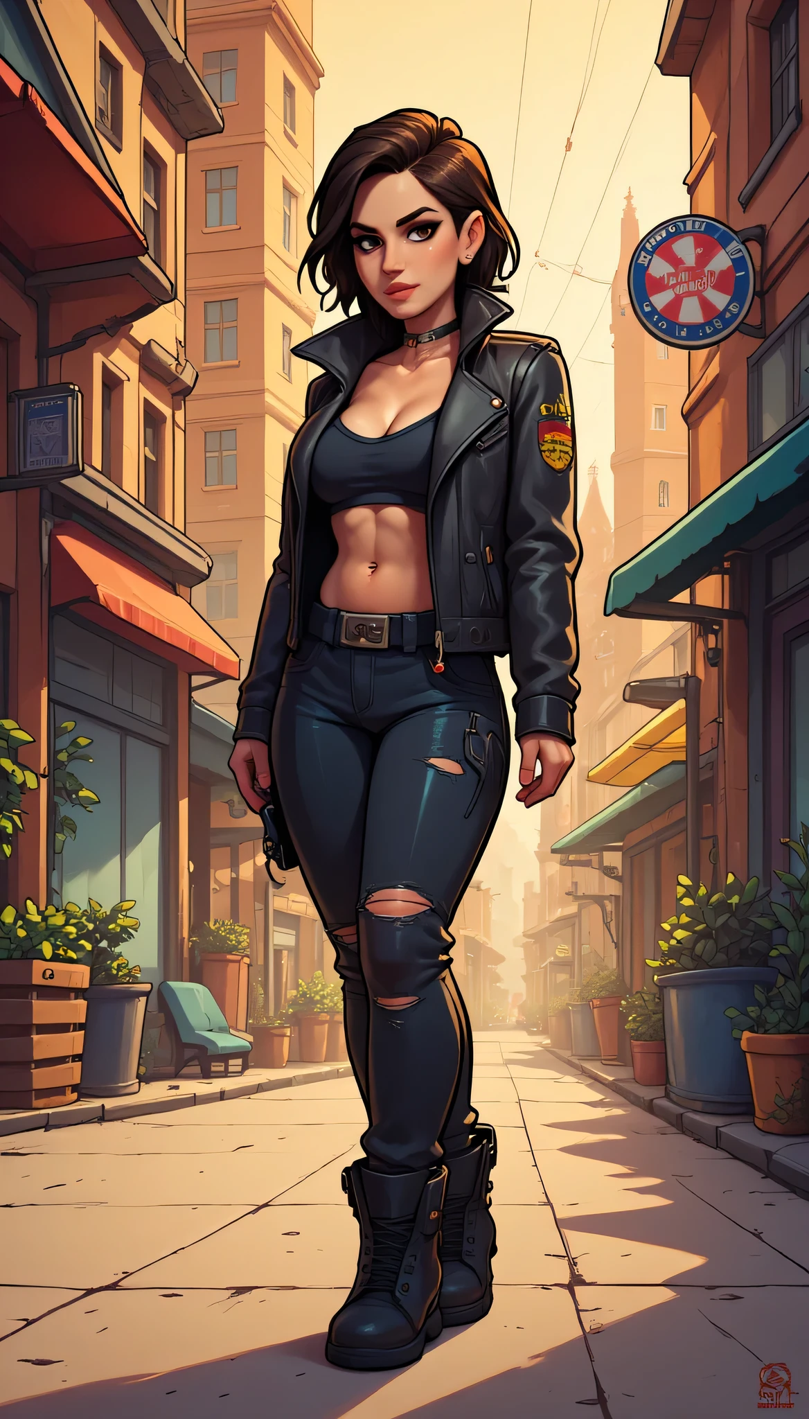 Woman in a age thug-like outfit, high-quality image, Kate Bishop, German folk art, German-style art, urban girl fan art, high-quality artwork, German art, German-style art.