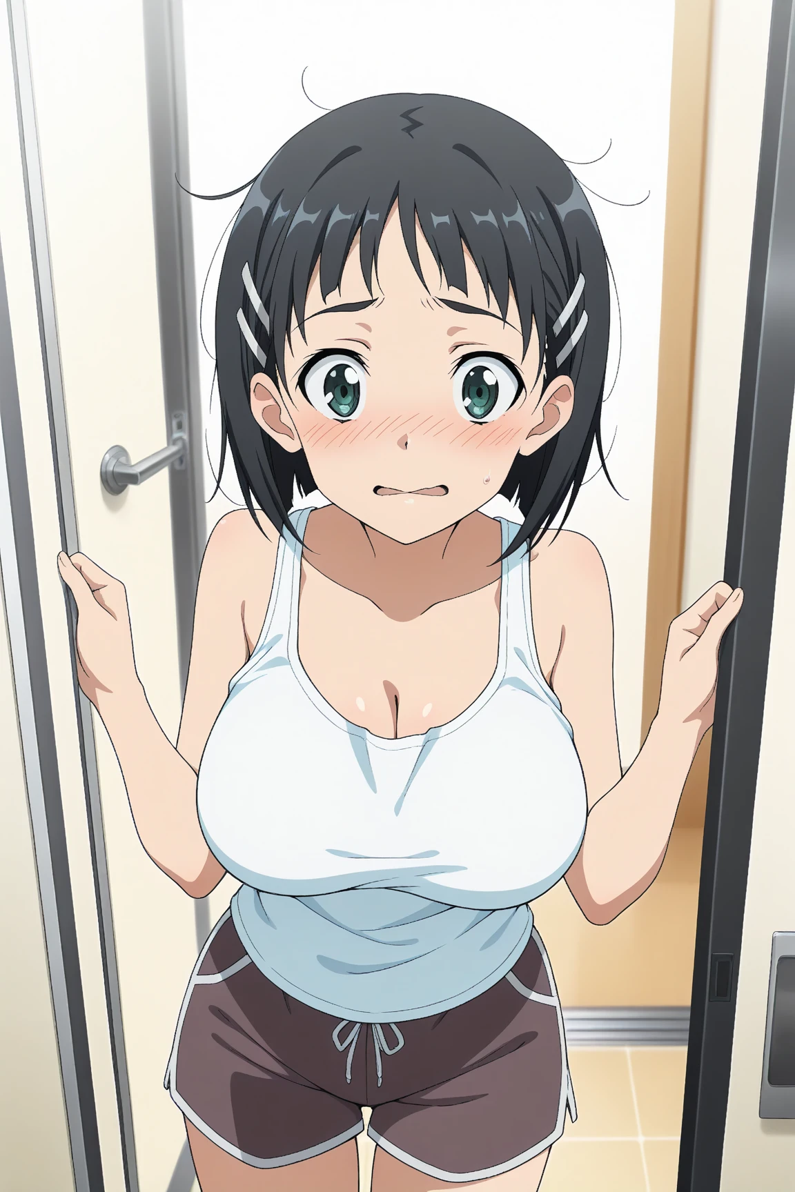 (((Pixel Perfect, Perfect in every detail))), alone, One Girl, tamako kitashirakawa, , View Audience, smile, (Huge breasts:1.5)、Sports bra、Shorts、Cleavage