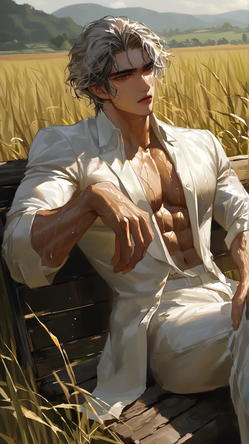 Wet Sexy asian man, male in a wet white shirt and tan pants sitting on a chair, big chest, handsome man, handsome guy, handsome stunning realistic, portrait of a handsome man, clothed in wet white shirt, sweat, (best quality)), ((masterpiece)), (detailed)
