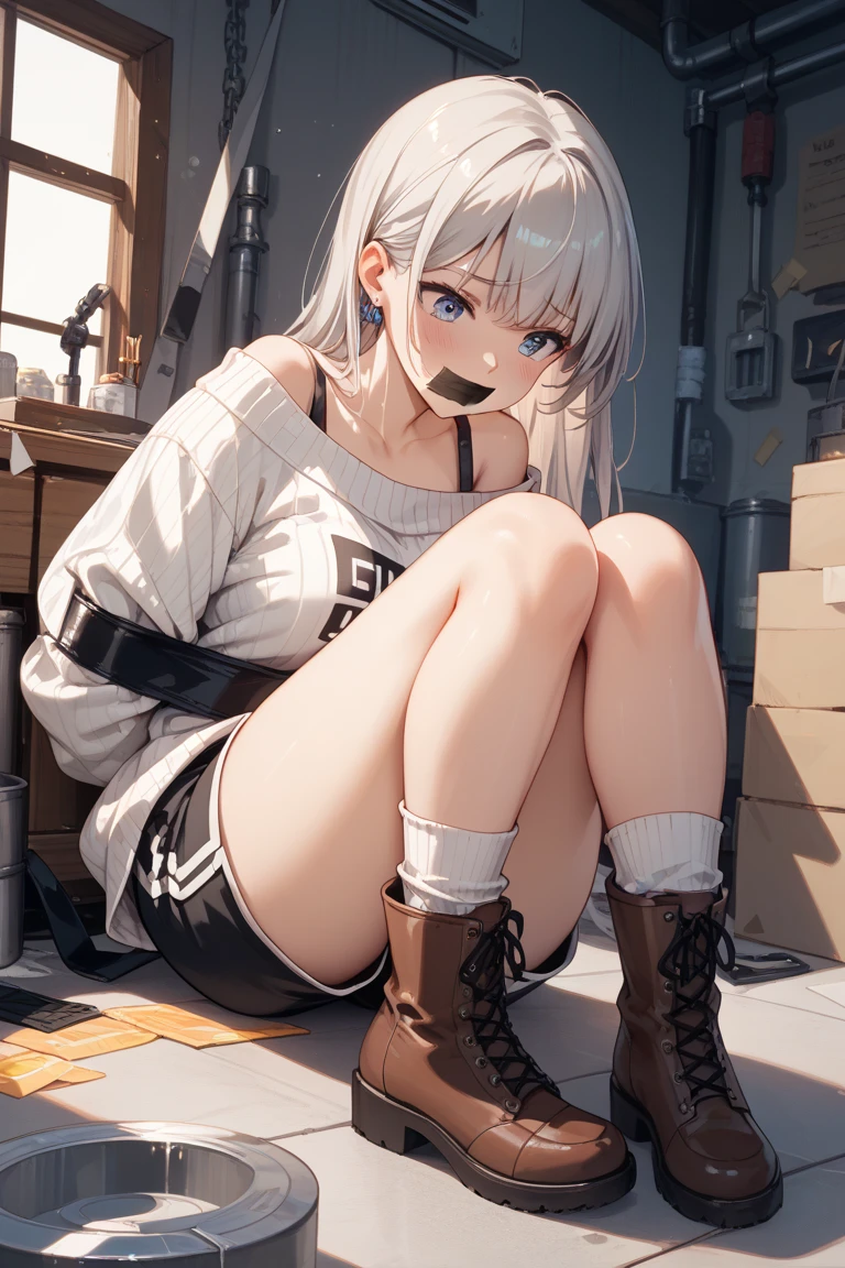 (best quality, highres, ultra-detailed), a girl with thick thighs, big breasts, round eyes, small mouth, rounded eyelashes, large and curly white hair, squatting