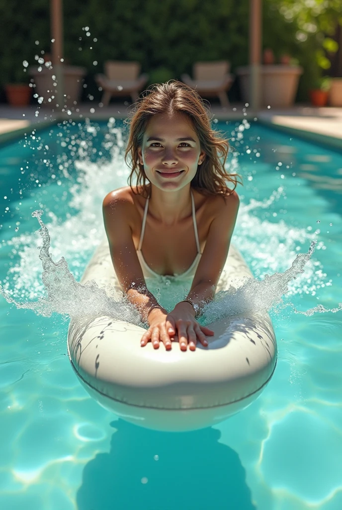 Woman in a purple bikini holding a green inflatable float in a pool, in the water! up to the shoulders, in water up to the shoulders, sitting in the pool, having fun, full figure, in the water, shoulder height photo, in a pool, family, at Hotel Rosen Inn in Orlando, USA.
The Brazilian is wearing a purple bikini.
A beautiful Brazilian woman, with white skin, dark brown hair. She is about 45 years old, 165 cm tall and weighs 56 kg. Her body exudes glamor and her face is a definition of beauty. Slender body, thin waist. Highly realistic, hyperrealism, very elaborate skin. Clear photo, high resolution, high quality, masterpiece, 16K photo, high contrast, masterpiece, NUDE, NUDITY, NFSW.