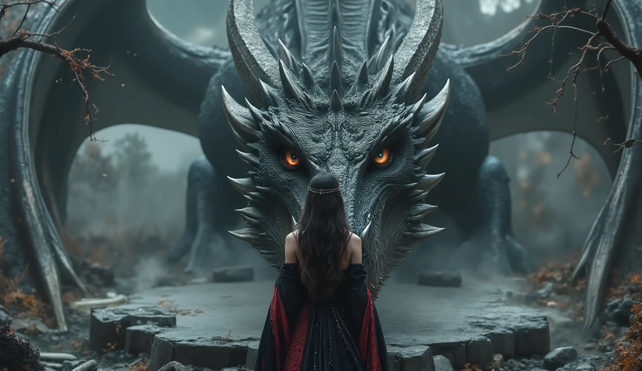 A gothic enchantress inspired by Megan Fox — pale luminous skin, deep blue eyes with a glint of danger, dark full lashes, long black wavy hair flowing down her bare shoulders. She wears a flowing black and crimson silk cloak barely held over her curves, revealing glimpses of her hourglass figure beneath. She stands before a massive stone circle surrounded by gnarled trees and bones scattered in the mist. The ground cracks as a colossal dragon emerges from the fog — obsidian-black scales, glowing ember eyes, smoke curling from its nostrils. Moonlight pierces through the fog, reflecting off the dragon’s wings. Her face shows no fear — only a bewitching, seductive awe. — gothic fantasy, high detail, 16:9, moody lighting, cinematic.