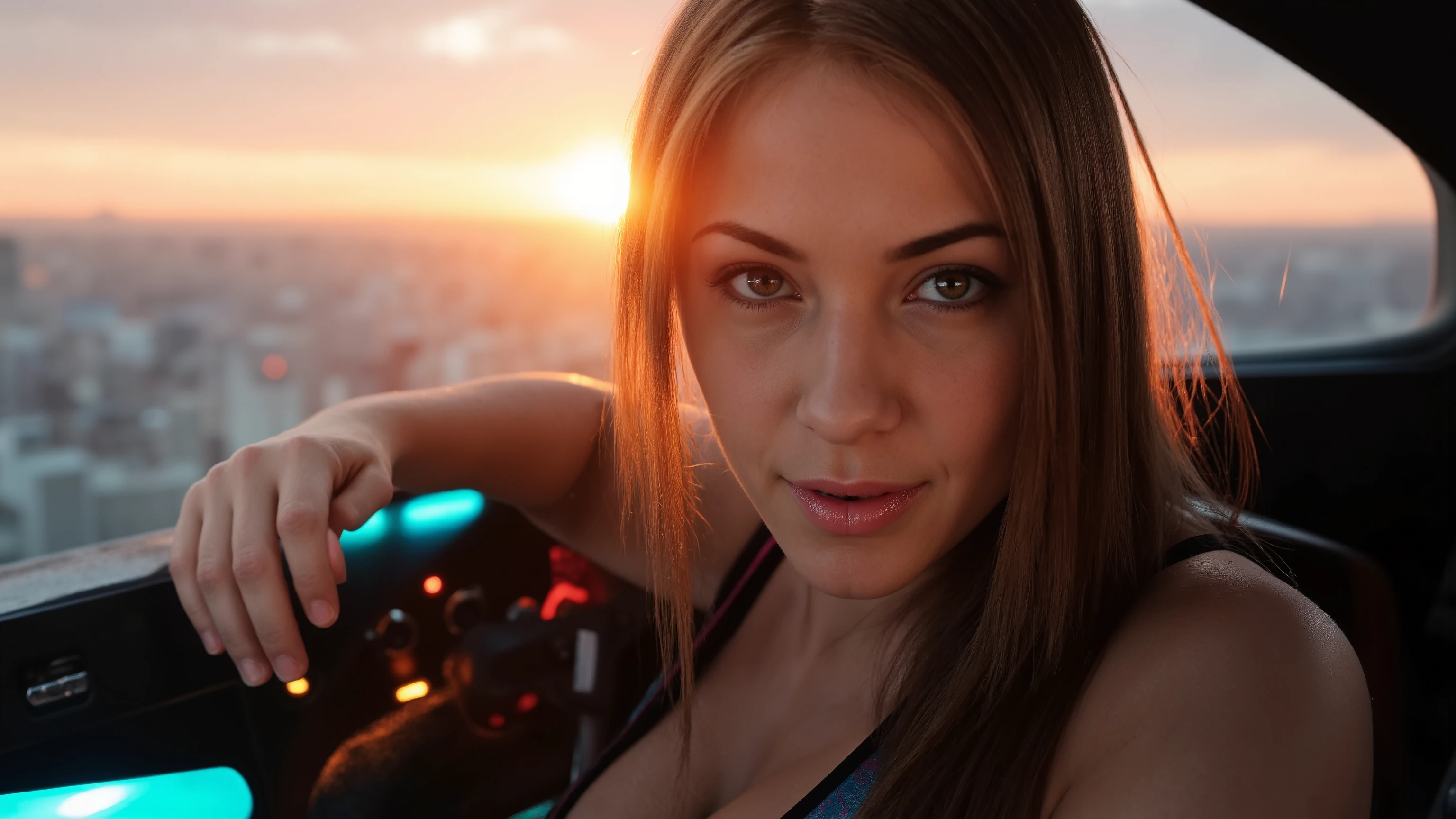 Close-up shot of a super-powered girl's intense gaze, eyes aglow with energy, as she expertly pilots her sleek light ship amidst the golden hour sky. The warm sunlight casts a radiant glow on her determined face, illuminated by the cockpit window showcasing the cityscape and distant horizon. Her hands grip the controls with precision, framed by the vibrant neon lights and sharp shadows. Ultra-detailed skin texture, complete with pores, meets the vast panorama of the city below, set against the breathtaking backdrop of a ray-traced sky. This cinematic masterpiece is a testament to the art of photorealism, capturing every detail in stunning UHD, HDR, 16K resolution, worthy of an award-winning film.