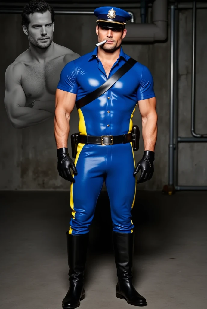 A handsome young Latino, 17 years old, shirtless, military haircut, black hair, brown eyes, intense look, affiliated features, height 1.80, weight 45 kilos, aesthetic build, dressed in blue lycra pants, black riding boots, full body, bondage, BDSM, steel harness, ropes, tied with ropes, by the wrists, to a stake, in a room.