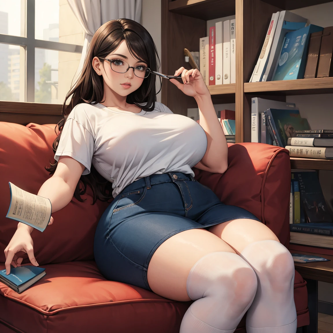 ((masterpiece,Best quality))1 girl, One, bookshelf, A stack of books, Suzuno, in room, short t-shirt, short shorts, stockings, hair ornament, Young, Red eyes,  