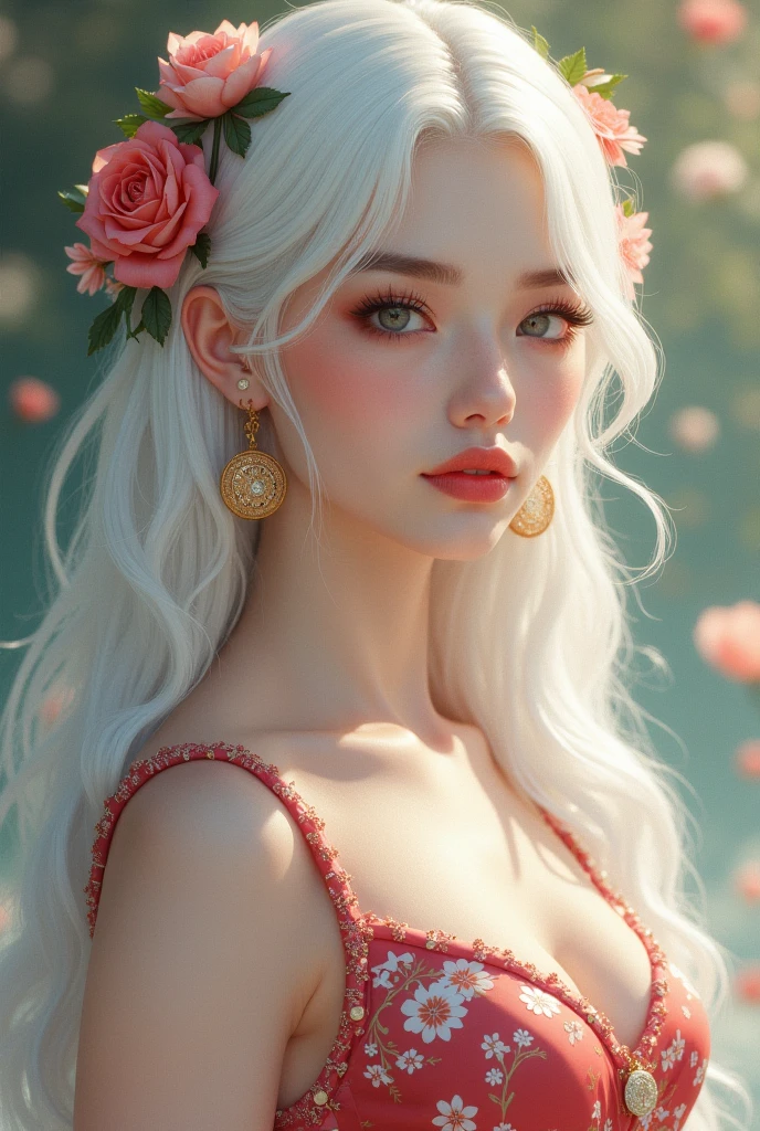 Hay una mujer sosteniendo una rosas y una corona de flores y de ojos verdes., portrait of Blanco como la nieve, obra de arte al estilo de guweiz, pale Blanco como la nieve skin, en el estilo artístico de bowater, loish y wlop, hermosa obra de arte digital, hermosa pintura de personajes, Blanco como la nieve, inspirado en WLOP, 4k de alta definición. Blanco como la nieve hair, pintura realista linda chica, Lalisa Manoban de Blackpink,(beautiful makeup :1.2), Wide hips, big, big ass, (best quality, 8K, masterpiece: 1.3), Clear focus: 1.2, Perfect body beauty: 1.4, strong abs, Very detailed face and skin texture. , detailed eyes, double eyelids, (long hair), having very marked curves, with greater volume in ((hips and breasts)), which makes the waist look much smaller ((wasp waist)).