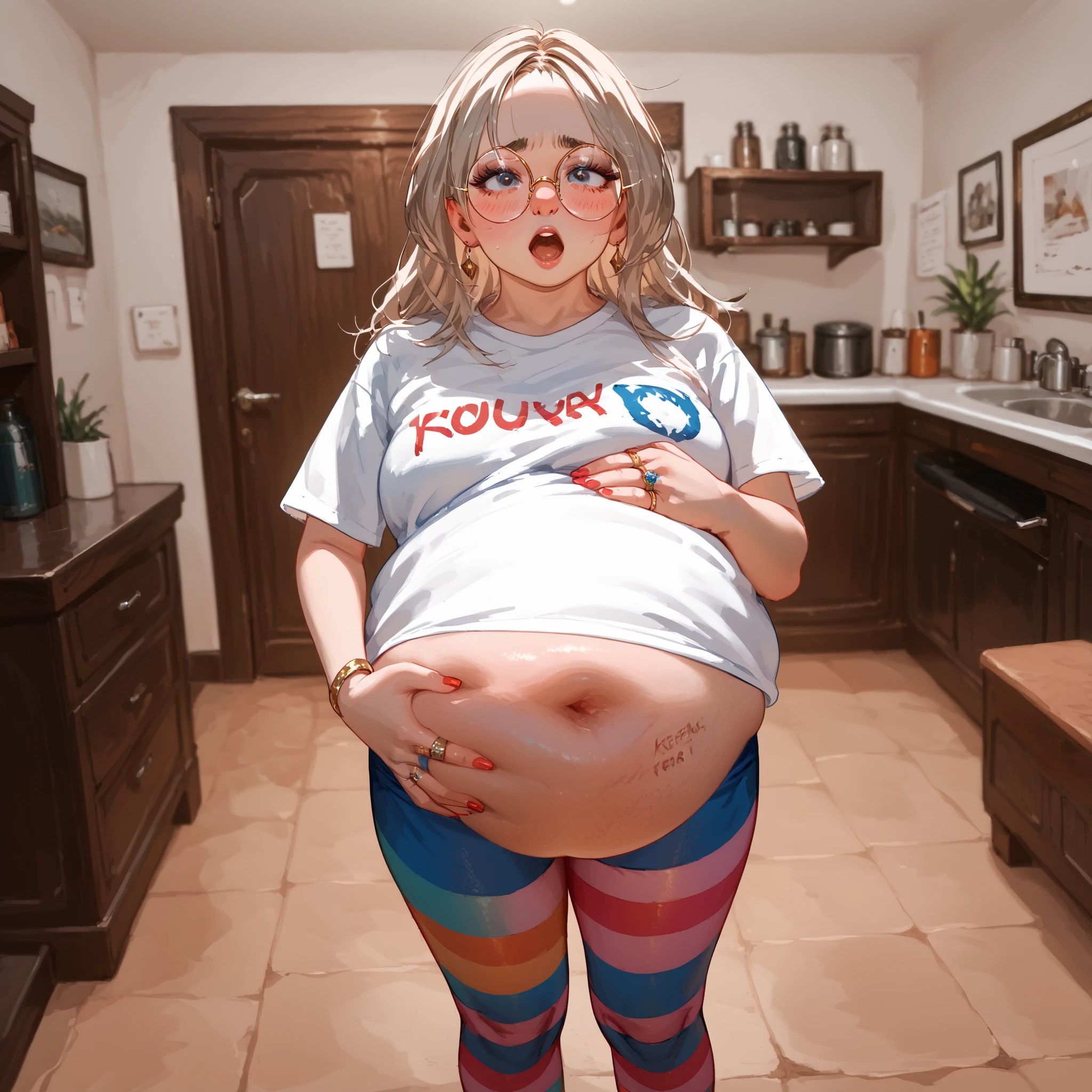 , (1 girl burping and blushing and bloated), (shirt too small for belly:1.3), () (1girl poking her belly:1.2), (),, () (ugly 18-year-old brown-haired woman, round glasses, colorful striped pantyhose and bare feet) .score_9, score_8_up, score_7_up, (wearing t-shirts)
, eyeliner around the eyes , nose ring, standing hunched over, poking belly, holding belly up, hoisting belly, (open mouth burp)