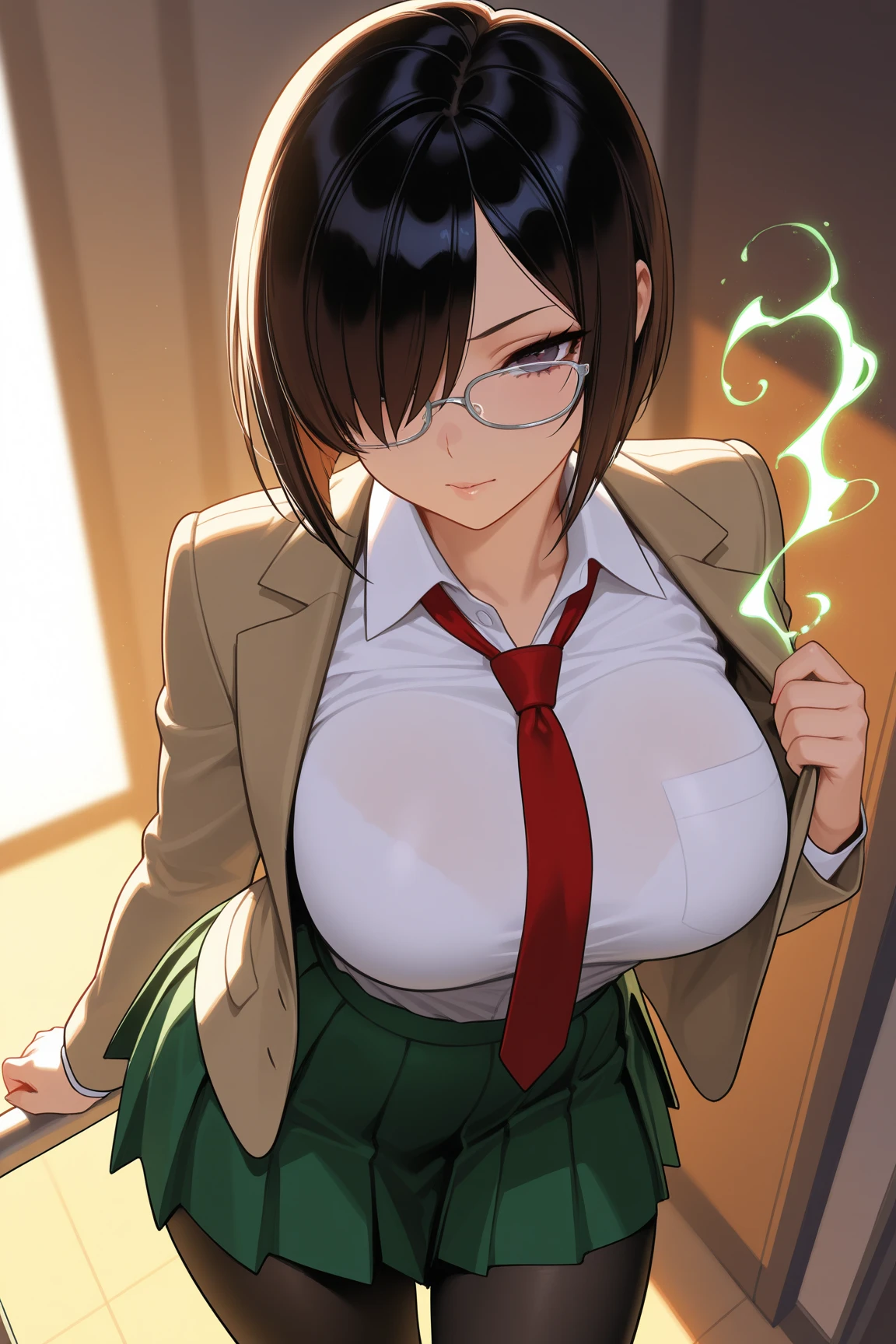1girl, solo, jeloayaitou, tan, school uniform, shirt, green skirt<lora:aya-itou_futabu:1><lora:xray_glasses:0.8>, eyewear view, pov, x-ray glasses, x-ray vision, nipples