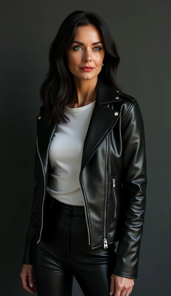 最high quality, 8k, Vibrant, Sharp focus, high quality, High resolution, Middle-aged women, Mature Woman, 55 years old, (Whole Body Ezbian), (High heels face detail, Highly detailed eyes, Plump figure、Plump face、((big 1.6))、(((Large Breasts)))、((Black leather clothing))、Busy Street、Random Hairstyles、A kind smile、(Leather Fashion、leather jacket、Leather skirt、boots、)、