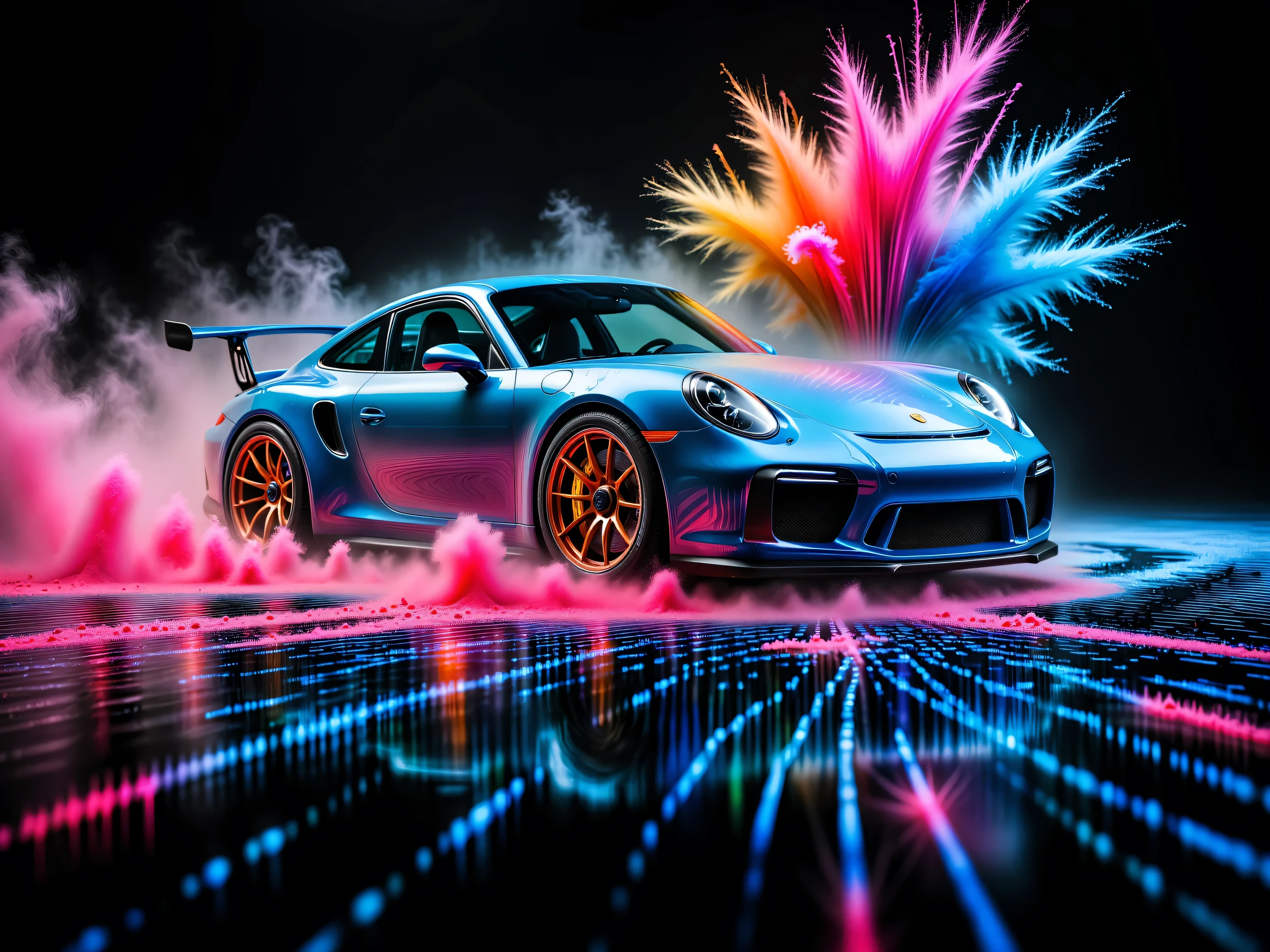 wide body kit Porsche 911 RS, racing through LIQUID METAL, liquid metal sprays up from the cars tyres, Car drifting in a black void , UHD, Colorful Powder Explosion