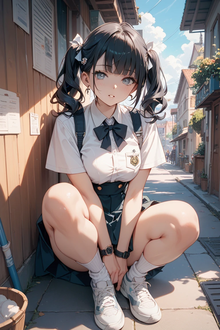 (Realistic, photo Realistic:1.2), ((Highest quality)), Shift the center of gravity backwards, Quite embarrassing, White panties, (Showing panties:1.4),タイトskirt, (Panty shot:1.3), (skirtをまくり上げる:1.3), (Squat:1.4), (Spreading pussy:1.2), Place your heels on the ground, Spread your legs, Squat with your knees up, Attach your butt to the ground, brown penny loafers, Beautiful facial details, Real human skin, Gentle expression, Front view, angle From below, Realistic, photoRealistic, cute, skirt, Squat deep on school grounds, cute school girl, Japanの女子高生の制服, Haruka Hirose、Left 4 Dead Arcade、Japan 、Short Bob、Brown Hair、black eye、Mid-breasted、((White short sleeve shirt、Grey bow tie、グレーのチェック柄skirt、プリーツskirt、White High Socks、Brown leather shoes):1.5)、JK Uniform、Frayed uniform、cute女子高生, whole body,smile, 自然なsmile, cutesmile, 魅惑的なsmile, (Looking at the audience:1.2), from before, From below, from the front、White pantiesを見せつけている