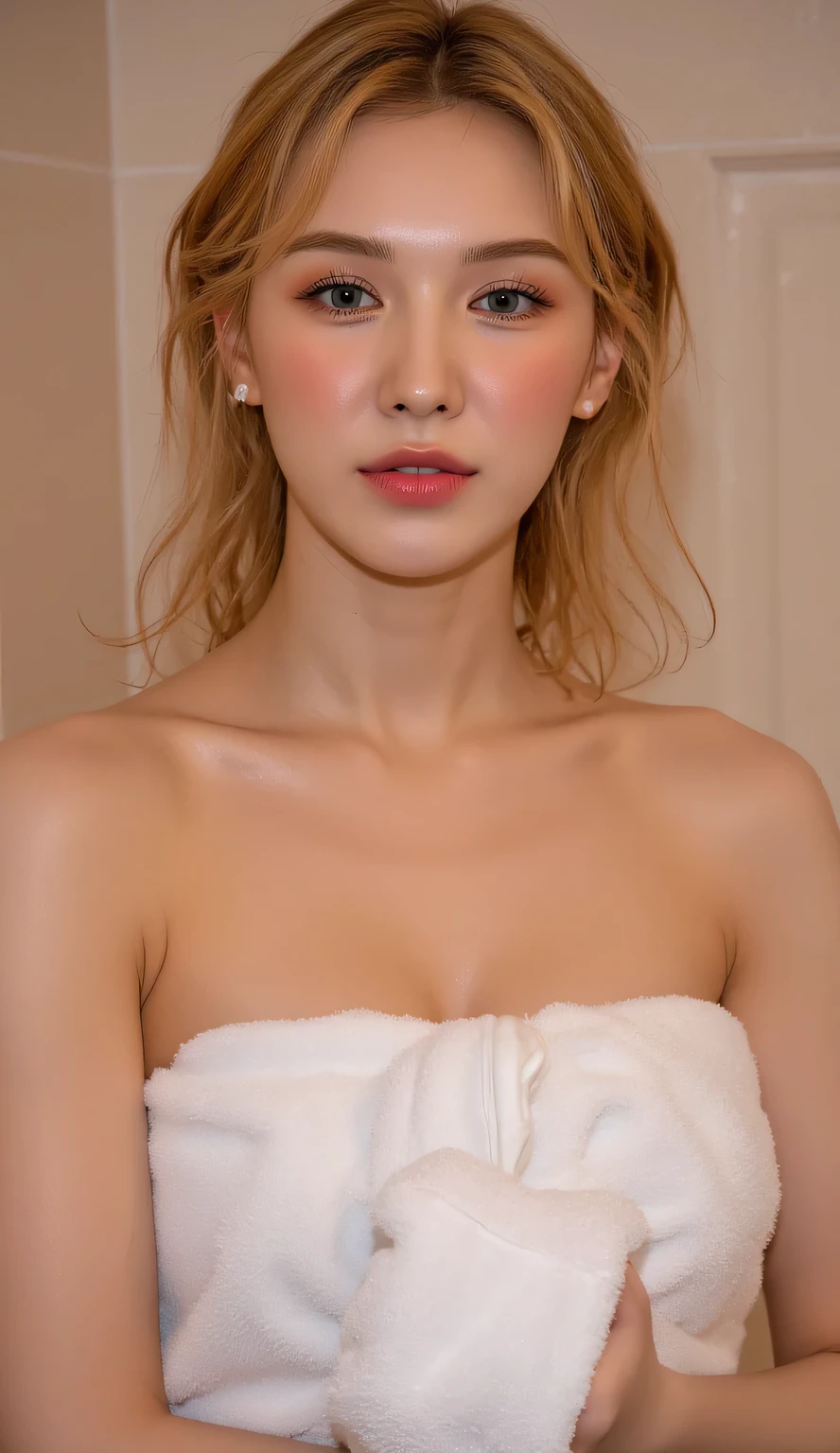 A live-action photo of a super-beautiful girl with a beautiful chest and beautiful legs, wearing real make-up in the shower room of a suite at a five-star resort hotel in Hawaii, a Ukrainian white high school girl with a clear double eyelid, a supermodel.、Wearing outfits prepared by top stylists, labia photos are taken、She is an eternal idol who combines a clean look with modern charm.。 She creates such beauty。 She feels her own warmth。 She creates a warm atmosphere。 We create beauty。 That's what I want to say。 In her full body photo、The figure features porcelain-like skin and golden hair that radiates a soft glow.。 This is probably、It captured the essence of her timeless charm.、This is the best shot ever.。 Each straight line and curve is carefully expressed.、Breathtakingly beautiful with impeccable detail。 This piece perfectly captures her timeless beauty.。 Divine Proportions、Sharp focus、Full-body photo taken by Kishin Shinoyama、high quality、High resolution、Detailed Background
