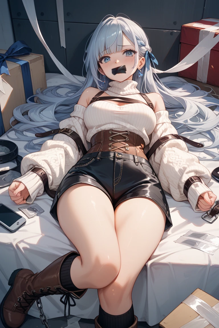 (Top Quality, High Resolution, 8K, Masterpiece: 1.2), (Realistic, Photorealistic: 1.3),High Refractive Index: 1.2, Film Grain, Blurry Bokeh: 1.2,1 Girl, (Bright Color: 1.2), (Delicate), ((Scary, overflowing tears, surprised))), ((Girl lying in a box, Curled hair, Girl in a box)), (Curled up, from the side, from above, tied arms, arms behind), ( ((Blindfold))), (Mouth wide open, tongue), Akkanbe, tears running down the cheeks, short twin tails, pigtails, torn clothes, big tits, wet skin, collar, choker (gift box girl), full body, bondage, in the box, bandage, present, ribbon, look at the viewer, blush, toys, garter belt, christmas, gift box, tied wrists, ribbon bondage, Cream, restraint, drool