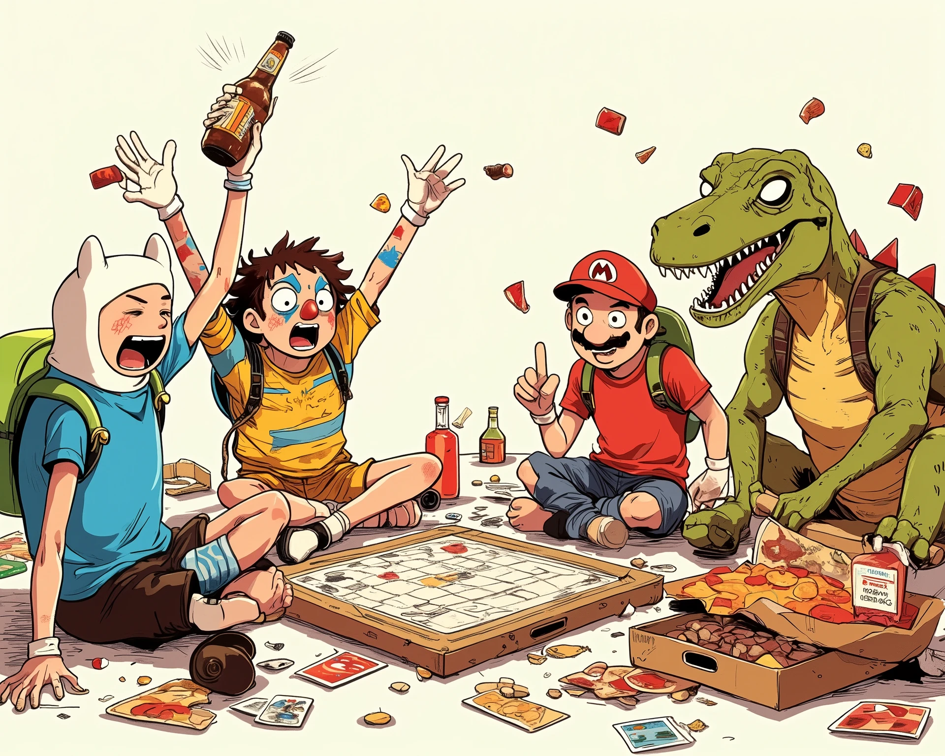 Group of 4 characters sitting in a circle on the floor, playing a board game, Finn (Adventure Time), a man with painted face and clown costume is holding a bottle, raises his hands excitedly and rejoices, a character wearing casual dinosaur clothes, Mario is sitting smiling and pointing, empty bottles scattered around, pizza boxes with slices, junk food, playing cards scattered around, casual and humorous atmosphere, colorful line art, VERY DETAILED INFORMATION, every little detail, Dan DeCarlo's art style, vivid cartoon art, character art, correct anatomy