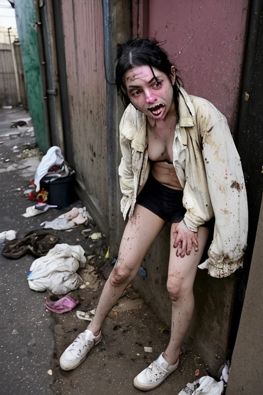 [nudity, explicit] A young dirty girl in ripped panties sat on the wet ground in a dirty and cluttered alley, her body soaked from the rain. white torn panties, ((bare greek feet)) She is looking at viewer surrounded by overflowing trash bins and piles of garbage, the stench overwhelming.  quiet and desolate alleyway.    The rain continued to fall, drumming against the pavement and mixing with the refuse to create a disgusting slurry at her side.