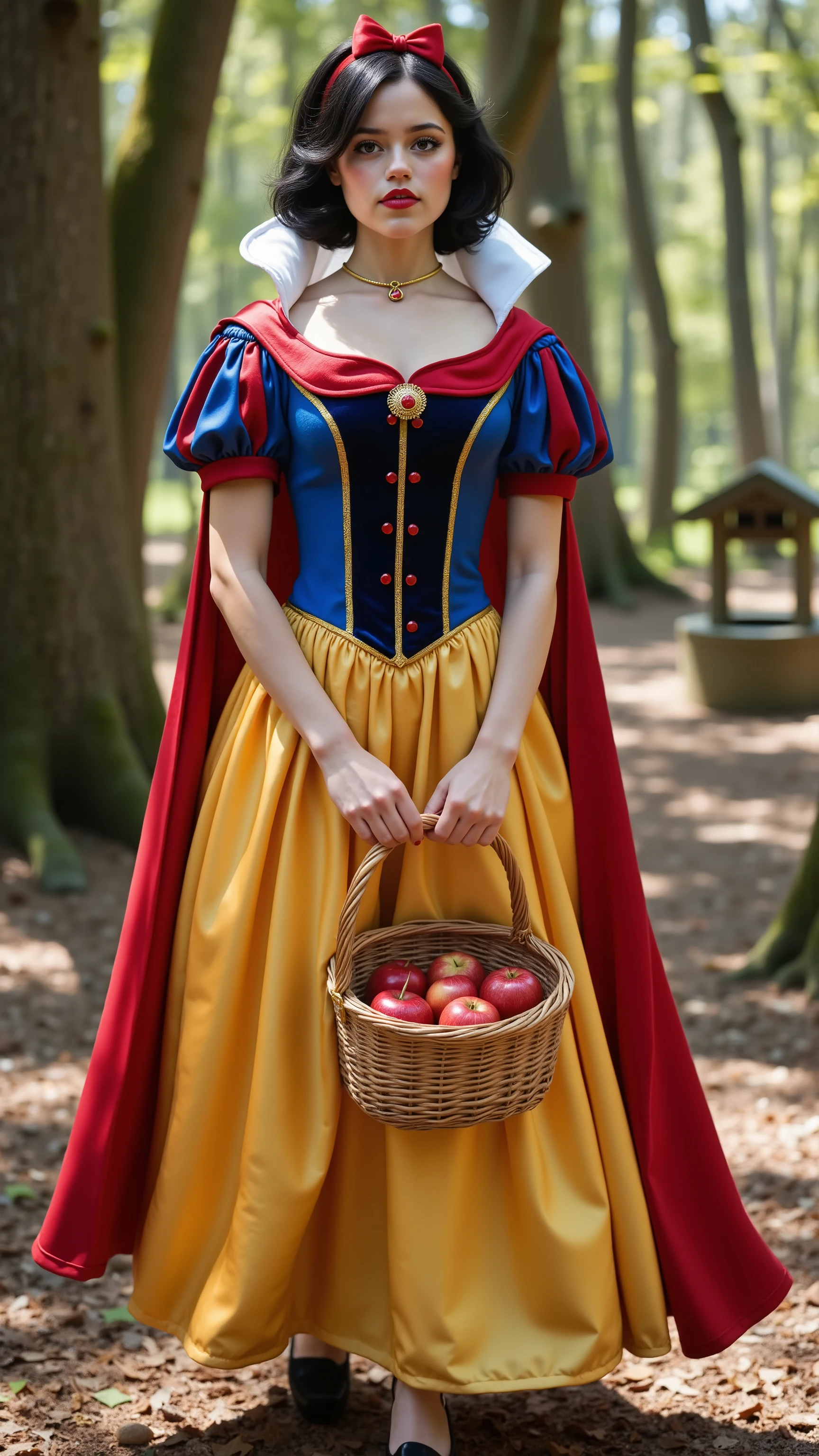 Jenna Ortega reimagined as Snow White walking and holding a woven wicker basket filled with red apples, dramatic atmosphere, 1 female, full figure, full body, 

Short, wavy black hair with soft curls frames her porcelain face. A bright red satin bow sits atop her head. Her skin is pale and flawless, lips ruby red, and her wide hazel eyes radiate innocence and quiet strength.

She wears a traditional Snow White gown with a luxurious update. The bodice is deep royal blue velvet with structured golden seams and red gemstone buttons. Puffy satin sleeves alternate in ruby and blue panels, trimmed with gold thread. Her full, floor-length skirt is made of layered golden silk that shimmers gently. Around her neck is a fine choker of red velvet with a small gold apple charm at the center.

Her shoes are polished black with golden buckles, and her hands are clasped gently in front of her. A soft red satin cape is draped over her shoulders, fastened with a delicate floral clasp.


She holds a woven wicker basket in her hands, filled with perfectly red apples that catch the sunlight. A white cloth is tucked around the fruit, and a few green leaves peek out from under the lid.

Big breasts、 alluring 、shows her female character's full figure, athletic body, perfect face, full body, extremely beautiful, goddess, female shape, perfect anatomy, The background shows a magical forest clearing — dappled sunlight filters through tall, moss-covered trees. A stone well stands nearby, surrounded by forest flowers. Woodland animals peek from behind the trees and a gentle breeze stirs the leaves. The atmosphere is peaceful, fairytale-like, Sunny day, photorealistic, masterpiece, realistic, high contrast, 8k, HD, high definition detailed, detailed, hyper detailed, realistic skin texture, best quality, ultra high resolution, hyper realistic, no text, very detailed eyes, dramatic lighting