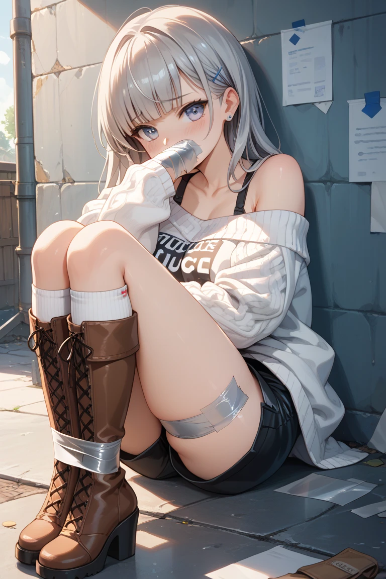 masterpiece, highest quality, High resolution, insurance, Twin tails ,black choker, White hoodie, Lower the hood, Bottomless, squat, squat pose、Knees come apart、Release your knees、Panties、Outdoor, street, boots