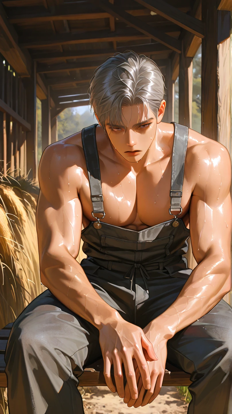 1boy, adult, handsome, perfect face, detailed eyes and face, clean shaved, muscular, capturing a rural atmosphere, dynamic lighting, unreal engine 5, hd picture, satoru gojo, white hair, short hair ,hair between eyes ,blue eyes, white skin