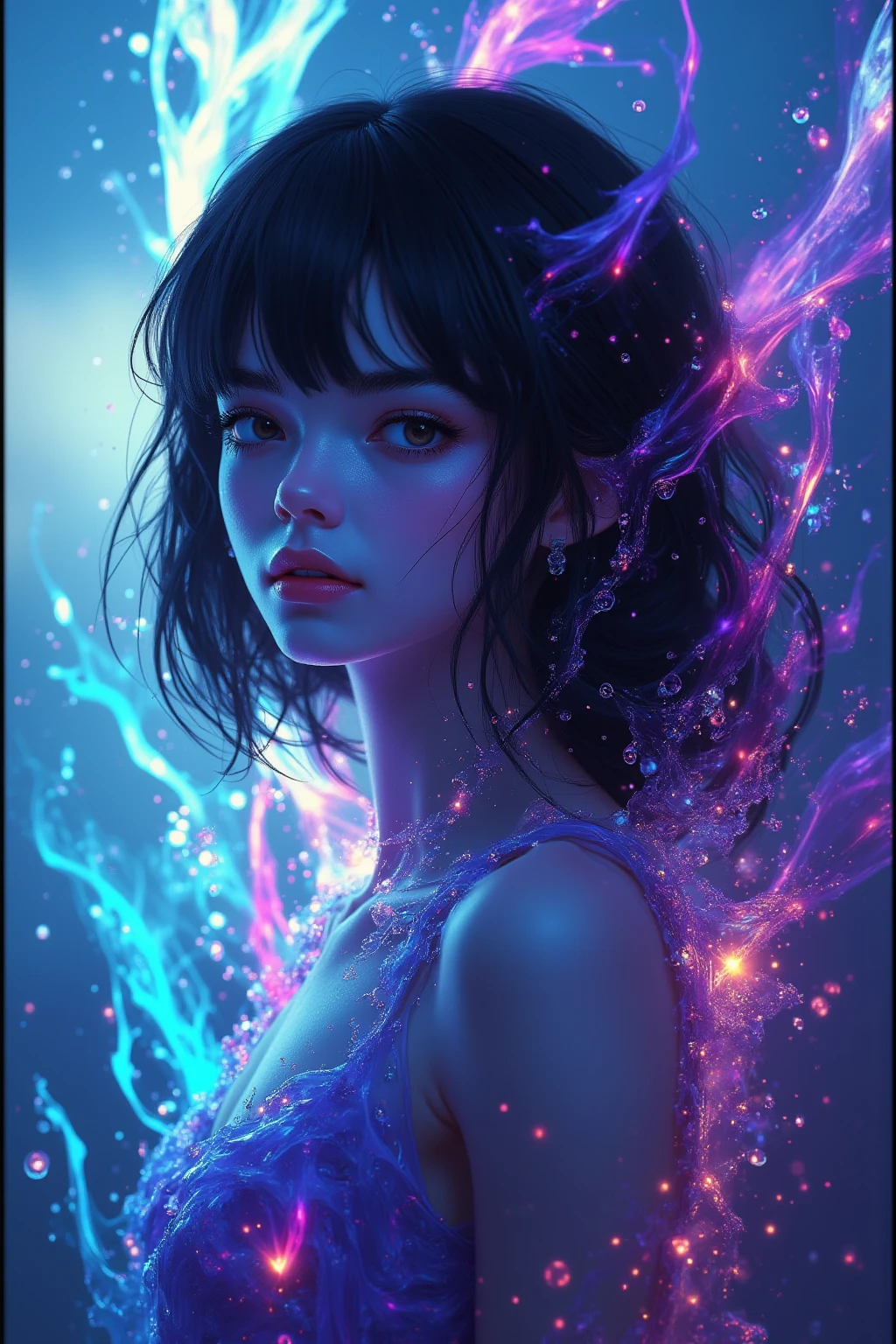 niji style, (looking at viewer:1.4), black eyes, black hair, (full body:1.2), 
Double Exposure Style, Volumetric Lighting, leaning forward,light depth, dramatic atmospheric lighting, Volumetric Lighting, double image ghost effect, image combination, double exposure style
(realistic, photorealistic),
(blue and purple:1.2)gradient, vivid color
siweishendu, silhouette, 1girl, dusk, nature, cloudy sky,siweishendu
A dress made up of colorful water, with water dotted around the girl's side. The water around the girl in ribbons, 