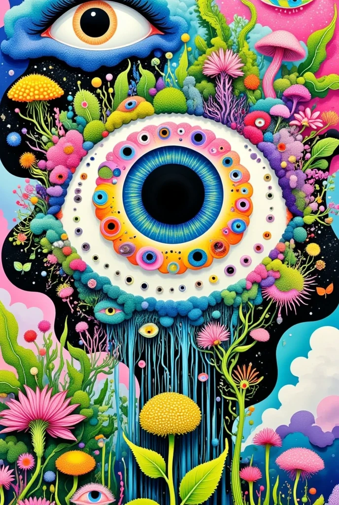 Strong visual fusion of multiple elements,Broto,来自Star的艺术家,house:1.37、Eye、Star、cloud、Spore powder、Tentacles,Describing the inner world of autistic people,密集Pointillism method。Smooth lines。Strange illustration。Pointillism method。Trypophobia。Strong contrast。Award-winning works。